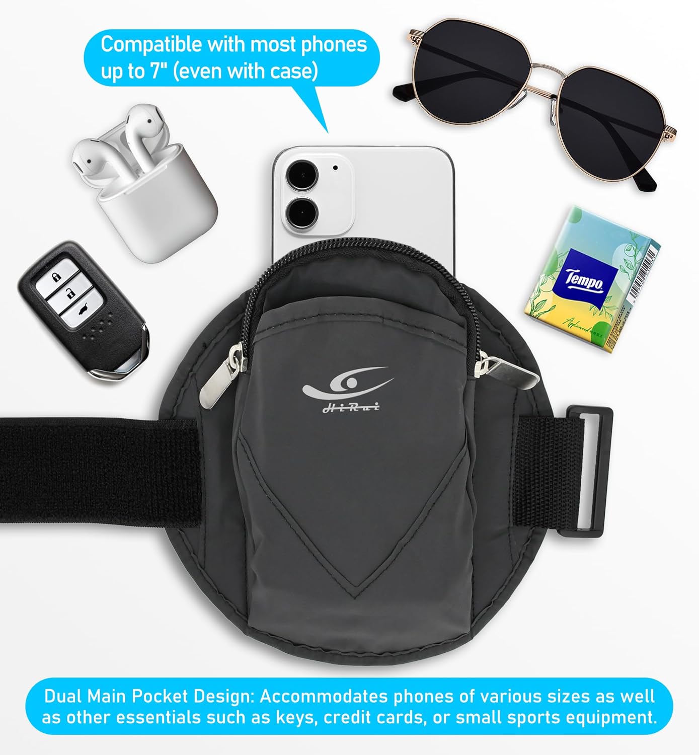 HiRui Universal Comfort Armband Phone Holder Running Armband Adjustable Wristband Phone Holder for Exercise Workout Compatible with iPhone 16/15/14/13/Plus/Pro Samsung Galaxy All Phones (Black)