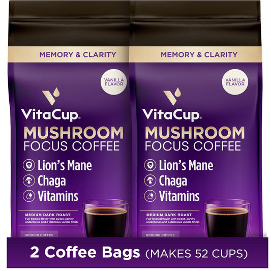 VitaCup Focus Mushroom Coffee Grounds, Vanilla Flavored Coffee with Lions Mane, Chaga, B Vitamins, D3, Boost Focus, Immunity, Memory & Clarity, Medium Dark Roast, 100% Arabica Specialty, 2 bags, 10 oz each