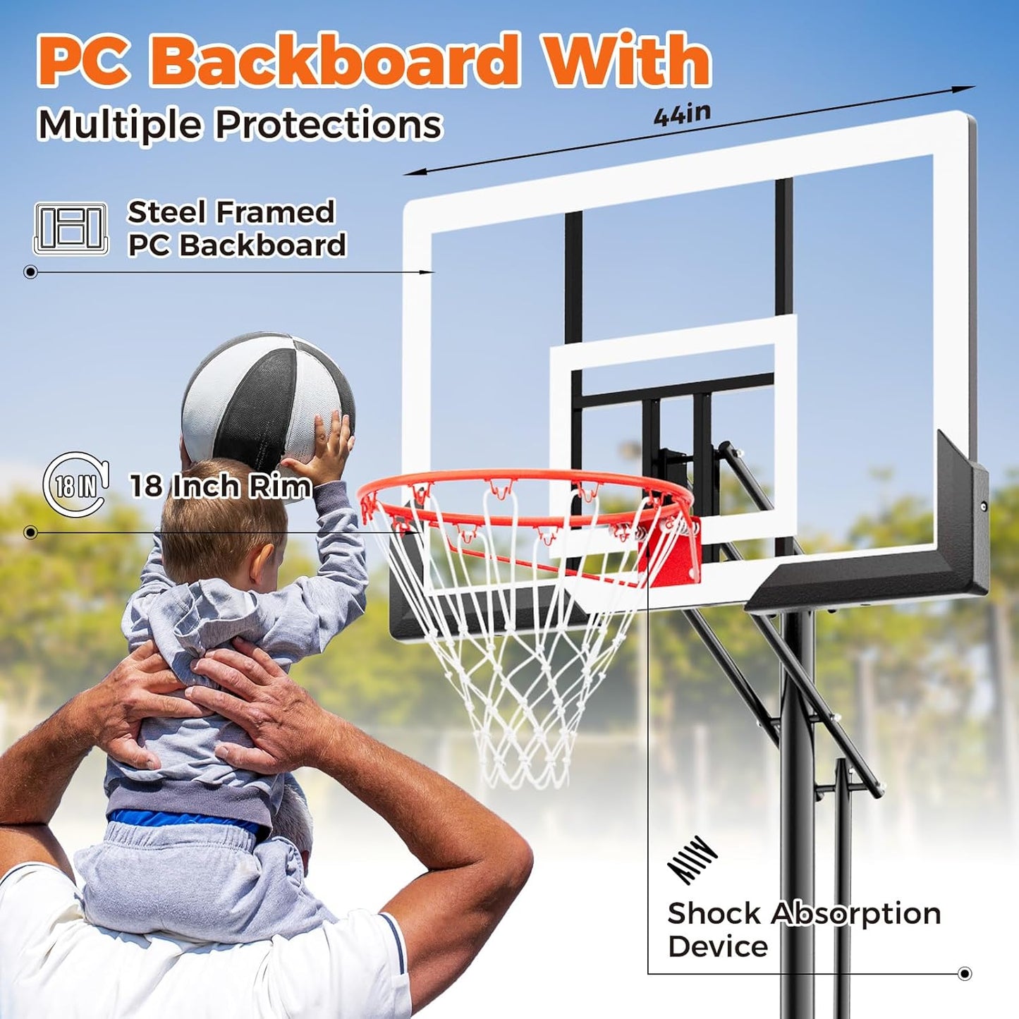 Basketball Hoop 44 Inch Backboard Protable Basketball Hoop Outdoor, 4.8-10ft Height Adjustable Basketball Goal System for Kids Youth Adults Play in Backyard/Courts/Indoor