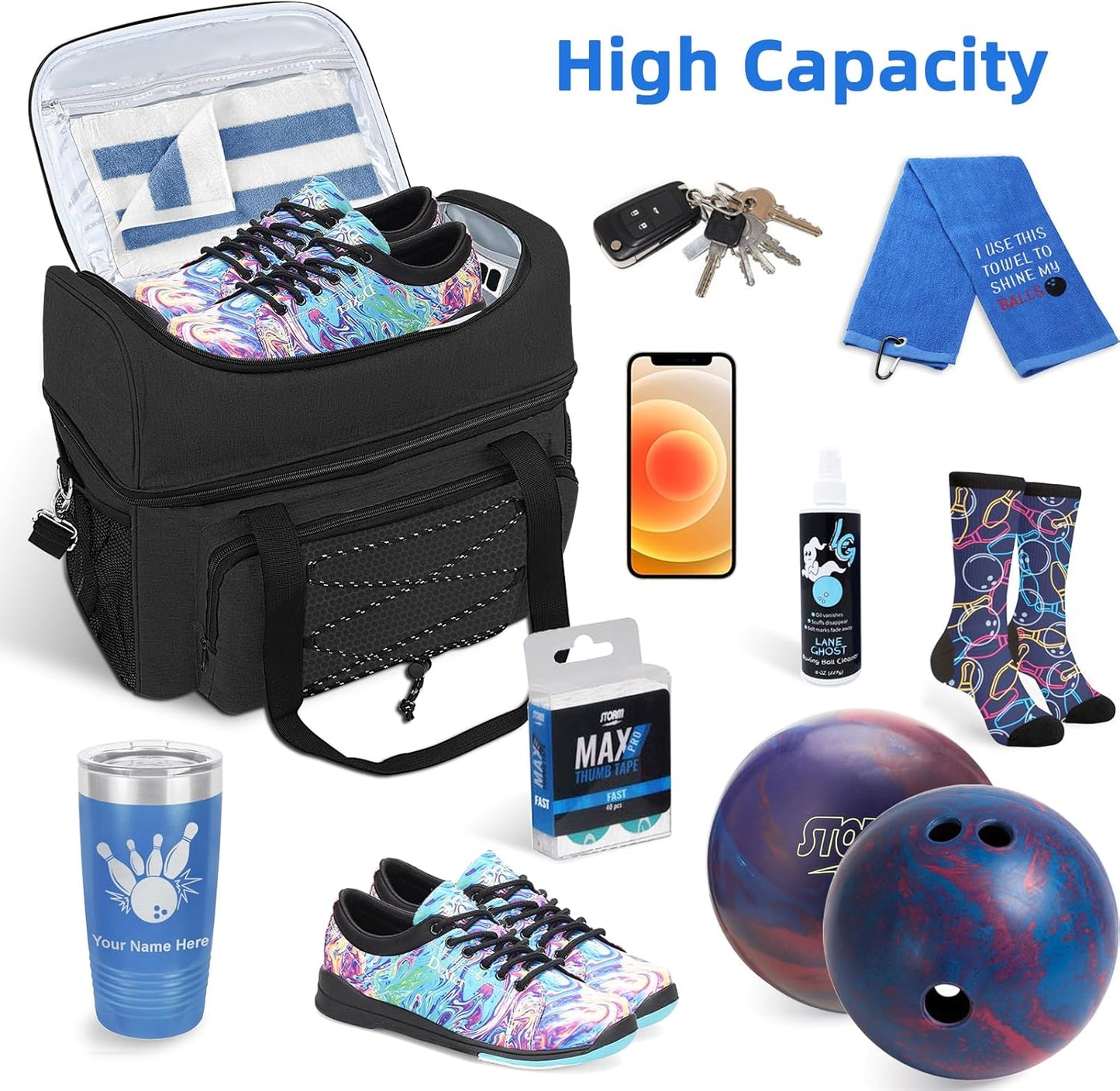 Bowling Ball Bag 2 Ball with Padded Holder Portable Double Bowling Totes with Adjustable Shoulder Strap Large Capacity Bowling Gear Organizer