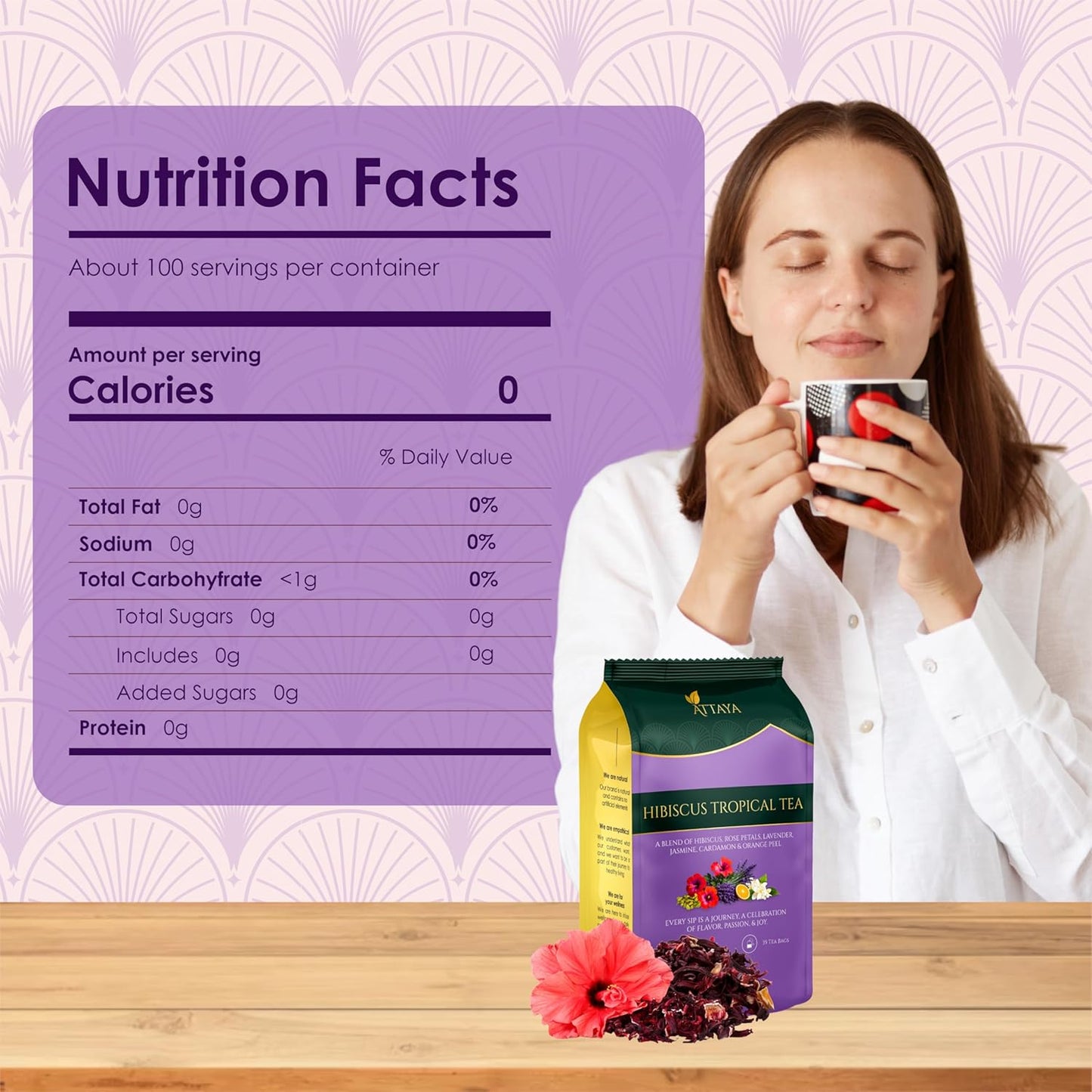 Attaya Hibiscus Tropical Herbal Tea Bags | Lowers Blood Pressure & Supports Heart Health | PCOS | Liver Health | Cholesterol | Antioxidants & Vitamin C | Caffeine Free | non-GMO | 100 Pyramid Tea Bags