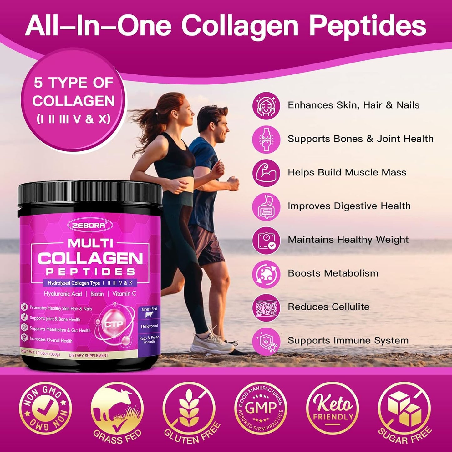 ZEBORA Multi Collagen Peptides Powder - Hydrolyzed Collagen Type I II III V X with Hyaluronic Acid, Biotin, Vitamin C - Support Skin Hair Nail Joints, Non-GMO, Unflavored, Keto Friendly