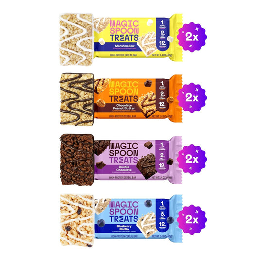 MAGIC SPOON Treats - High Protein Bars, Low Carb, Keto Friendly, Low Sugar, Crispy Cereal Bar, On-The-Go Healthy Snack (8 Bars, 2 each of Marshmallow, Chocolate PB, Blueberry Muffin, Double Chocolate)