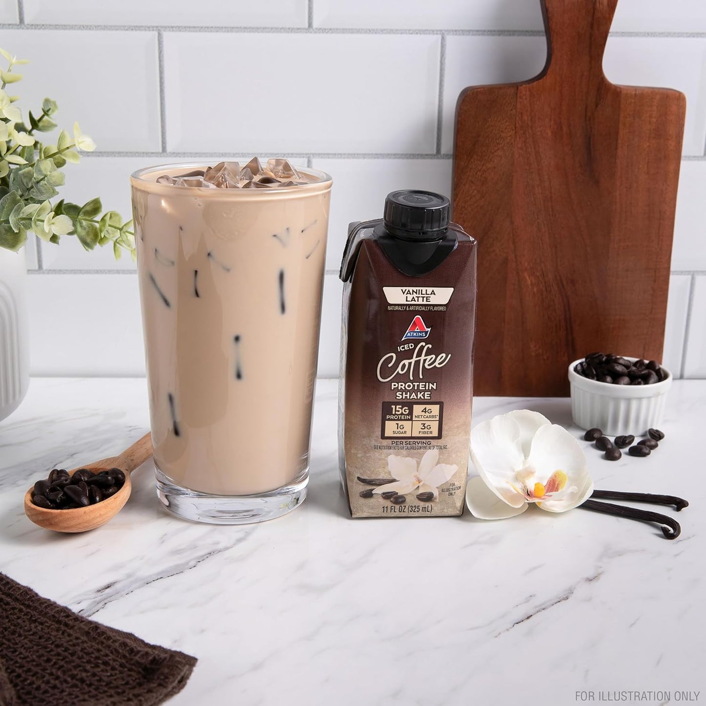 Atkins Iced Coffee Vanilla Latte Protein Shake, 15g Protein, Low Glycemic, 4g Net Carb, 1g Sugar, Keto Friendly, 12 packs of 11 fl Oz