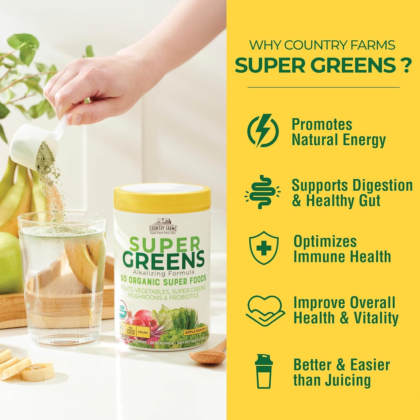 Country Farms Organic Super Greens Apple Banana Flavor, 50 Organic Super Foods, Packed with Fiber, USDA Organic Drink Mix, Fruits, Vegetables, Mushrooms & Probiotics, Supports Energy, 5g Fiber