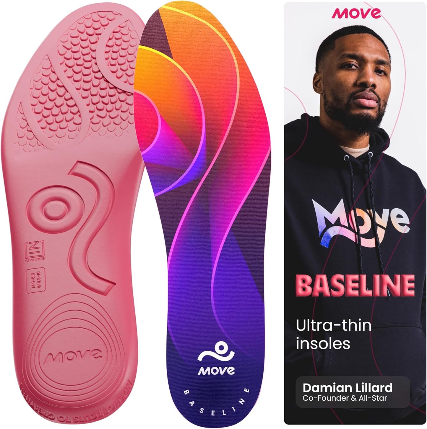 MOVE Baseline - All-Purpose Insoles - Sock Liner - Ultra Thin Shock Absorption - Maximum Freedom of Movement and Energy Return for Cleats, Shoes, Running, Basketball, Baseball (M17-17.5/WM18.5-19)