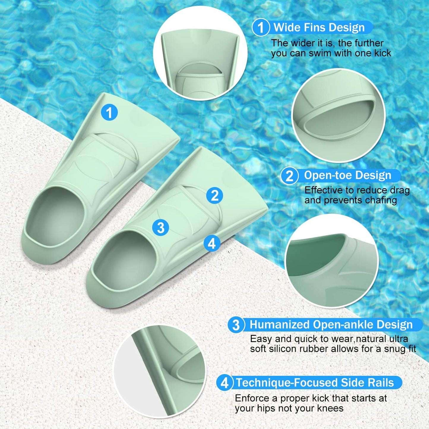 Gintenco Swim Fins, Kids Swim Training Fins for Lap Swimming, Travel Size Flippers with Mesh Bag, Silicone Swimming Fins for Kids Teens Adults Women Men