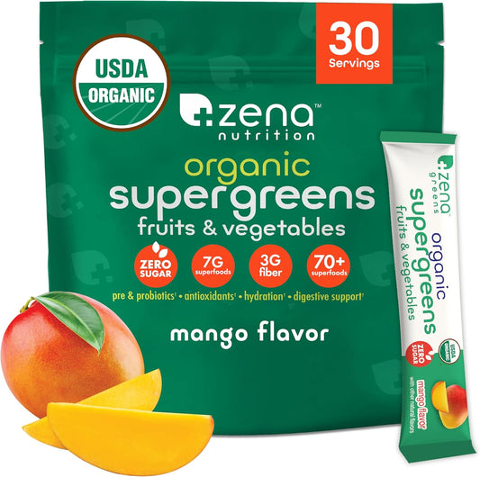 Zena Nutrition Organic Super Greens Powder, 70+ Superfoods, 0 Sugar, 3G Fiber, Spirulina, Chlorella, Antioxidants, Prebiotics/Probiotics, Digestive Enzymes, Mango, 30 Drink Mix Packets