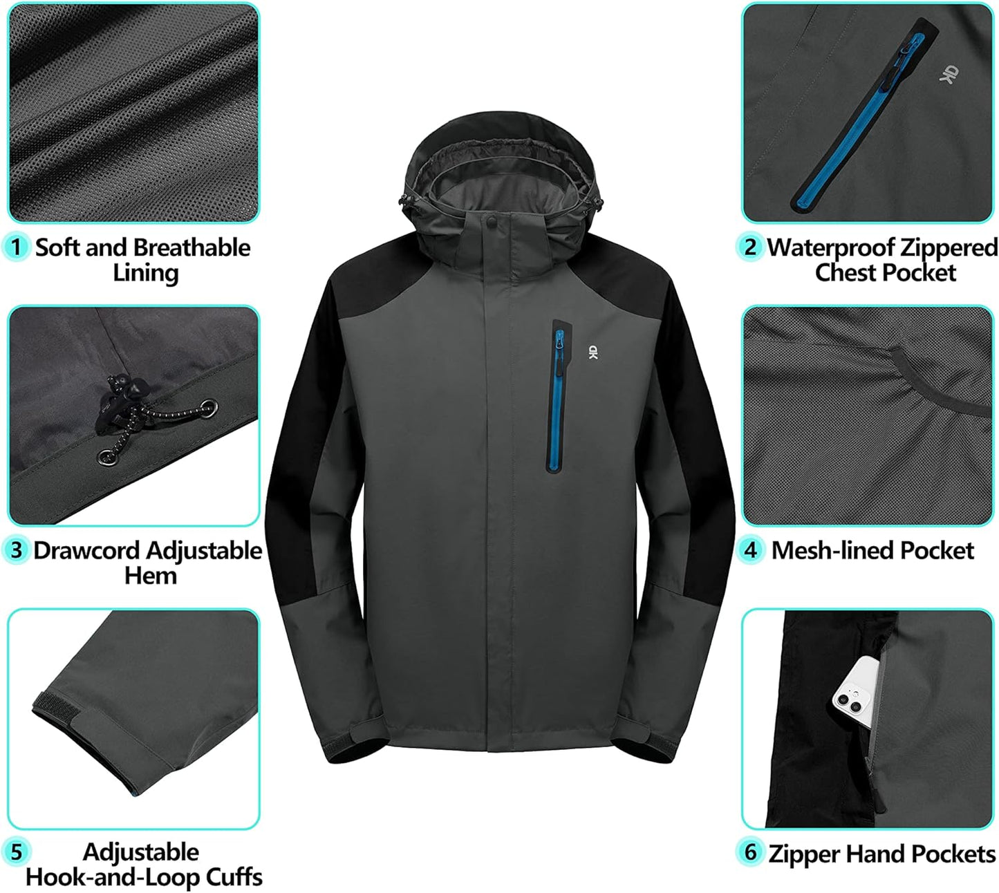 Little Donkey Andy Men's Waterproof Rain Jacket Outdoor Lightweight Hooded Raincoat for Hiking Golf Travel Fishing