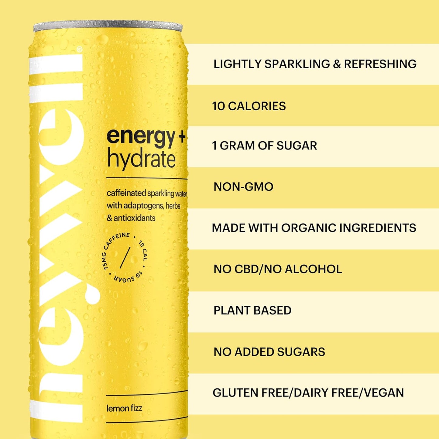 Heywell Sparkling Adaptogenic Water Energy and Focus, Lemon Fizz Flavor 12 Fluid Ounce (Pack of 12) - Caffeinated, Organic, Non GMO, Vegan, Gluten Free, Dairy Free