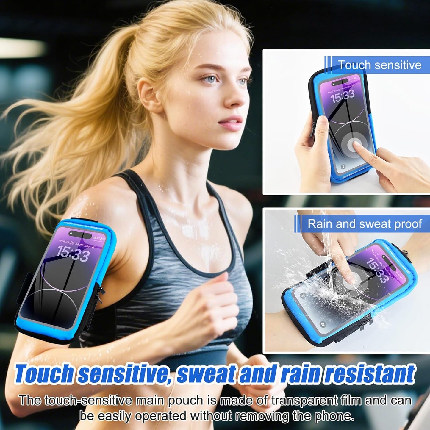 Phone Holder for Running, Running Armband Phone Holder with Carabiner, Phone Armbands for iPhone 16 15 14 13 12 11Pro Max & Galaxy S25/S24/S23, Cell Phone Armband Up to 6.8'' Phone (Blue)