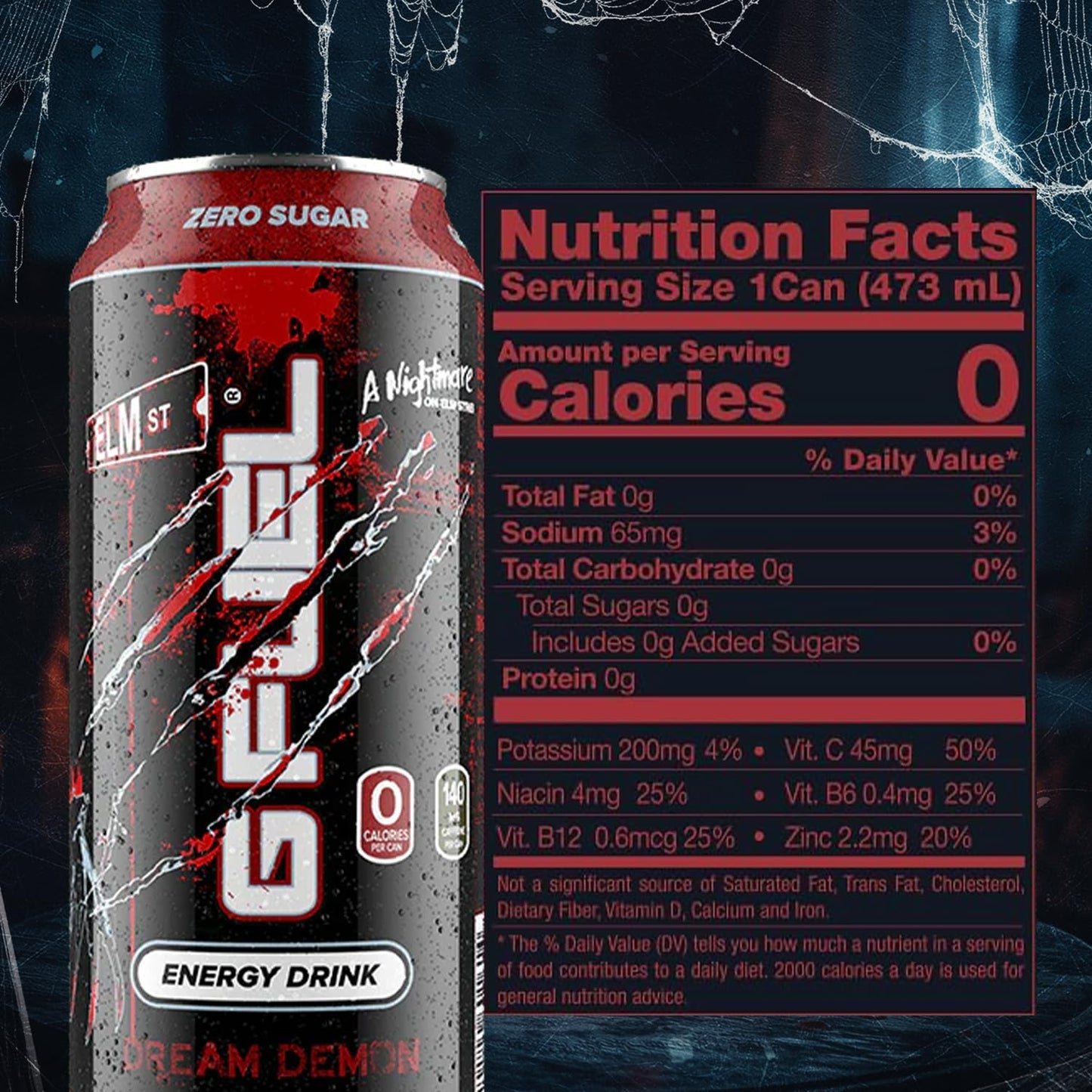 G Fuel Energy Drink, Fruit Punch, Sugar Free Beverage with 140mg Caffeine, Daily Energy Boost with Focus Amino, Vitamin + Antioxidants, 16 oz Cans (Nightmare on Elm Street, 12-Pack)