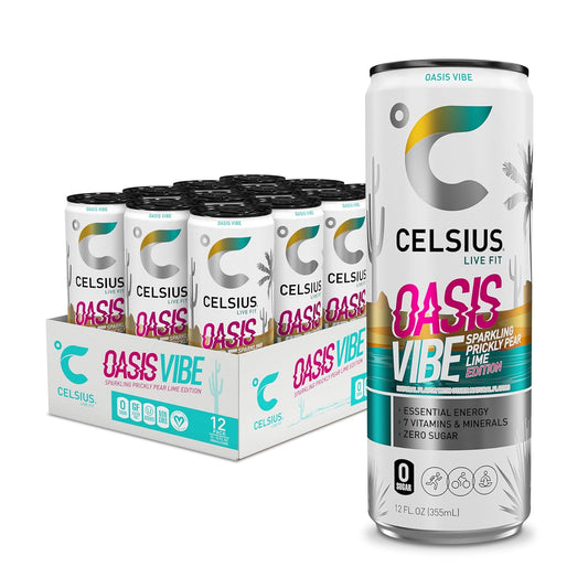 CELSIUS OASIS VIBE Sparkling Prickly Pear Lime, Sugar Free Energy Drink, 12 Fl Oz (Pack of 12)