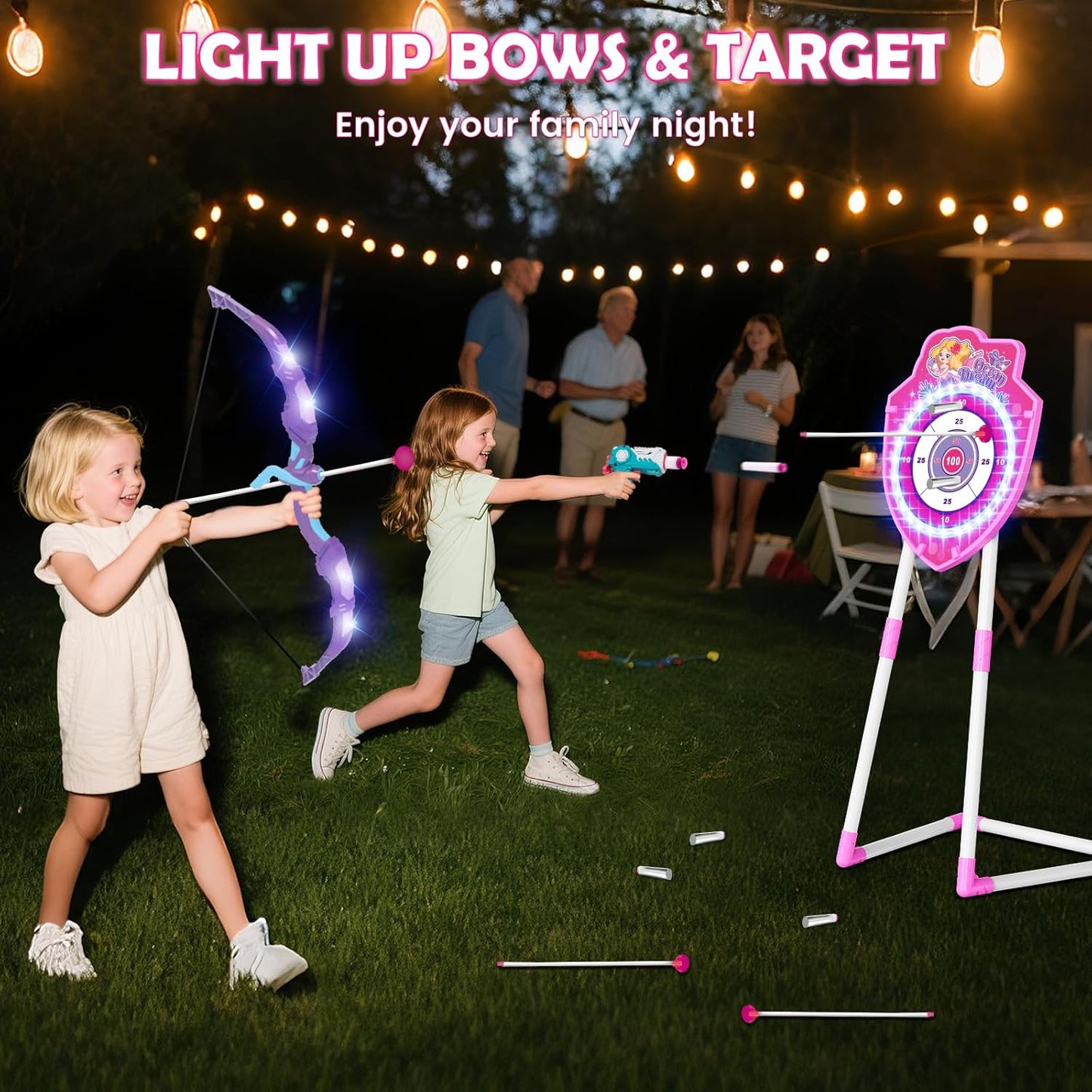 VATOS 2 Pack Bow and Arrow Toy with LED Light - 4 in 1 Archery & Dart Game Set with 20 Suction Cup Arrows, Mermaid Glow Target & Dart Board - Indoor/Outdoor Birthday Gift for Kids Boys Girls Ages 5-12