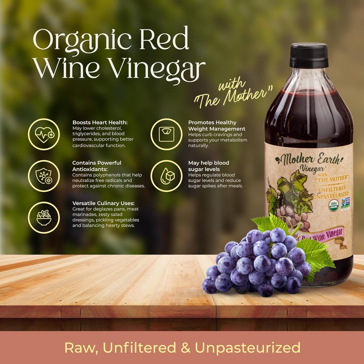 Mother Earth, Organic Red Wine Vinegar with The Mother, Fresh Pressed Organic Cabernet Grapes, ORWV, RWV, Raw, Unpasteurized, Unfiltered (1/16oz Glass Bottle)