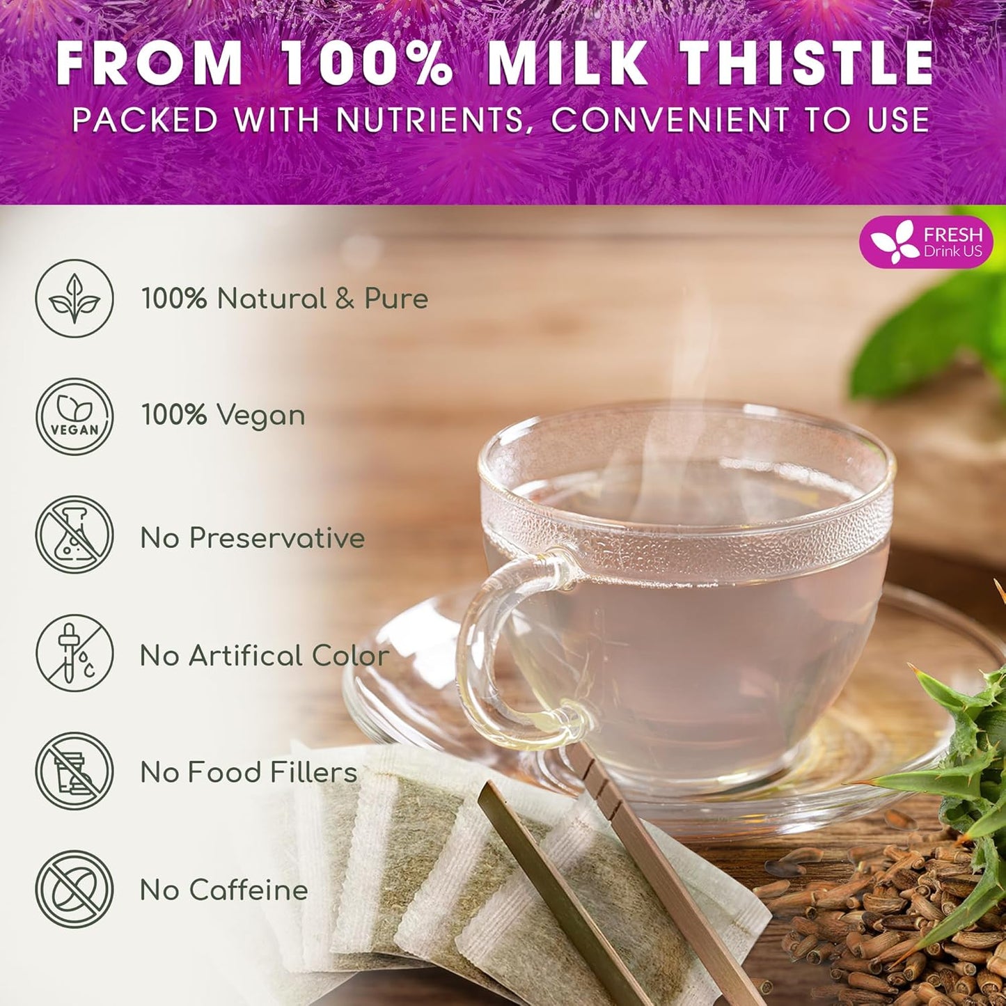 FreshDrinkUS, Premium 135 Milk Thistle Tea Bags, 100% Natural & Pure from Milk Thistle Seeds. Milk Thistle Seed Herbal Tea. Made with Natural Material Tea Bags. No Sugar, No Caffeine, No Gluten, Vegan.