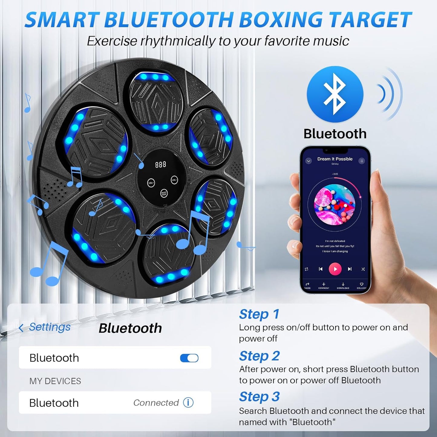 Music Boxing Machine, Bluetooth Music Punching Machine with Gloves, Electronic LED Boxing Training Equipment Wall Mounted, 9 Modes & 9 Speeds, Boxing Target for Home, Office, Gym