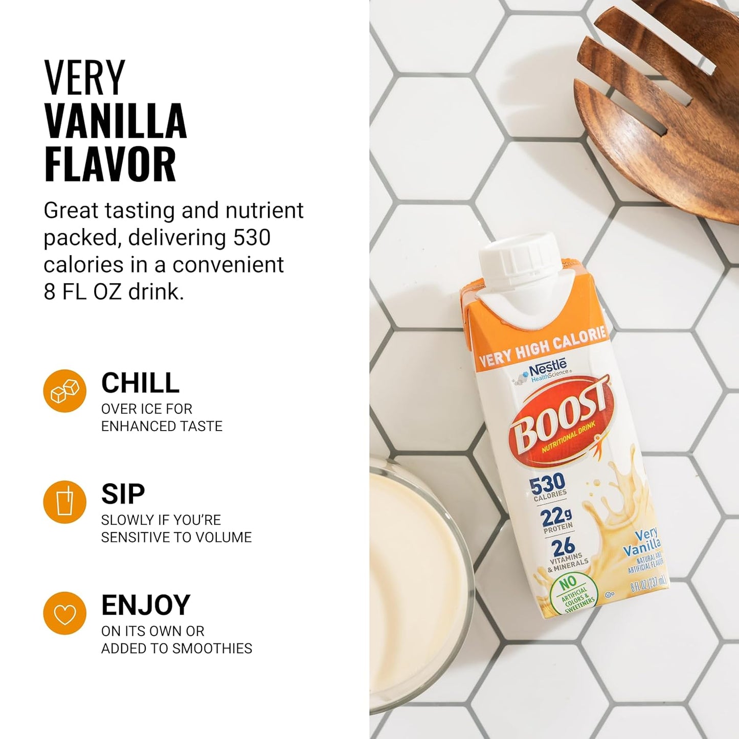 Boost Very High Calorie Vanilla Nutritional Drink – 22g Protein, 530 Nutrient Rich Calories, 8 Fl Oz (Pack of 24)