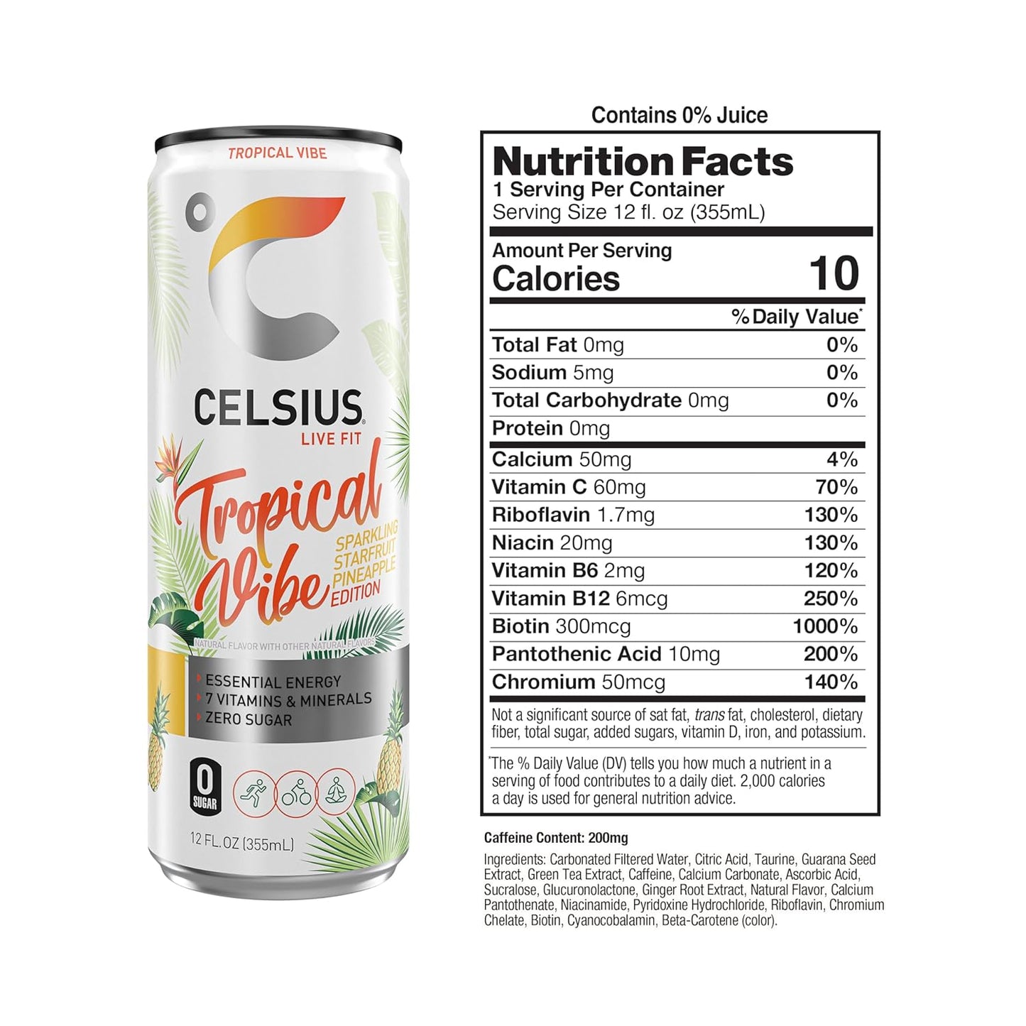 CELSIUS Sparkling Tropical Vibe, Functional Essential Energy Drink 12 Fl Oz (Pack of 12)