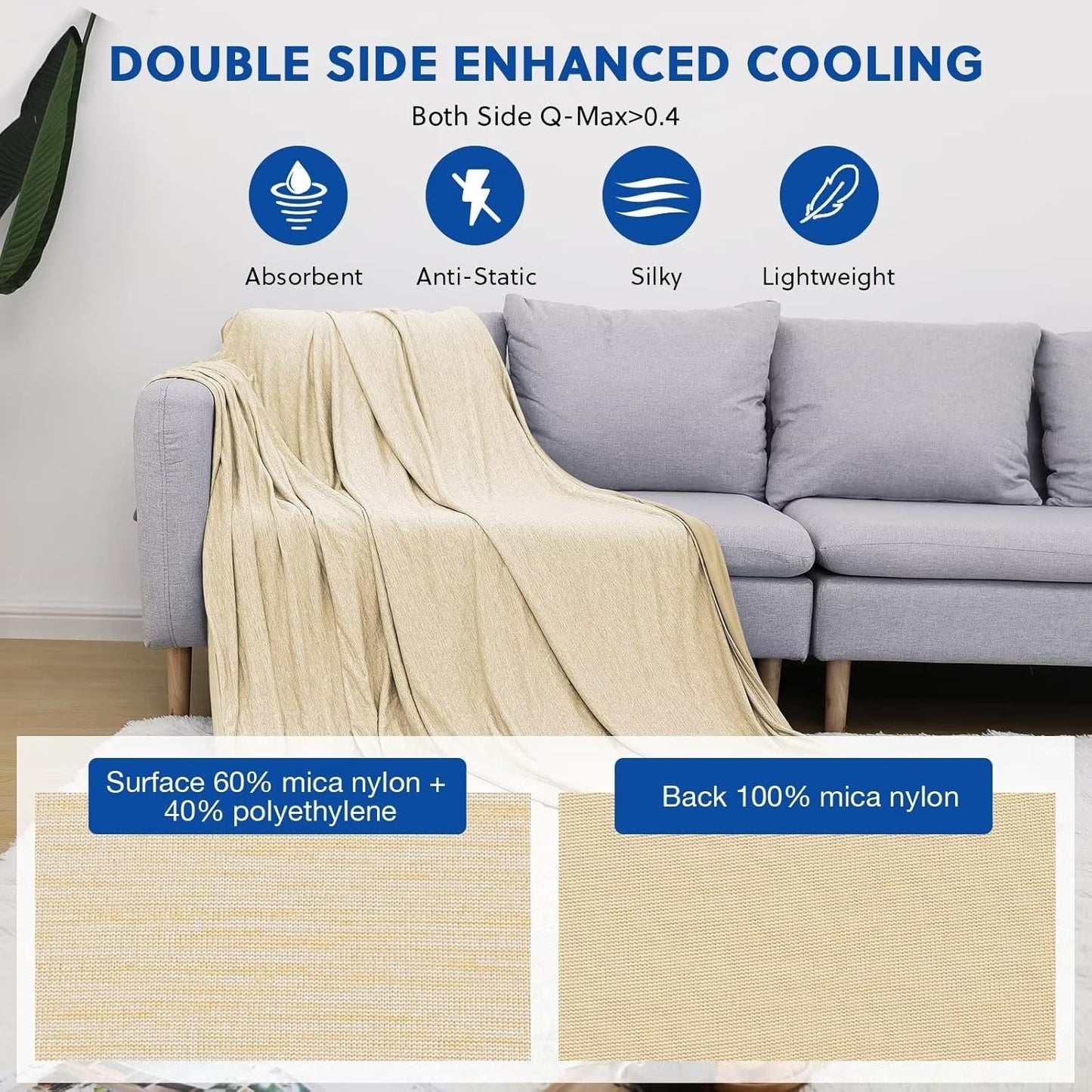 HOMFINE Cooling Blankets for Hot Sleepers - Summer Blanket Thin Lightweight Breathable Soft Double Side Enhanced Cooling for Bed Couch Sofa, Keep Cool for Night Sweats (Beige, 60 x 80 inches)