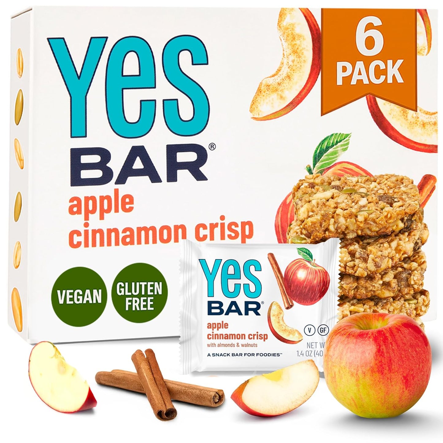 The YES Bar Apple Cinnamon Crisp – Plant Based Protein, Decadent Snack Bar – Vegan, Paleo, Gluten Free, Dairy Free, Low Sugar, Healthy Snack, Breakfast, Low Carb, Keto Friendly (Pack of 6)