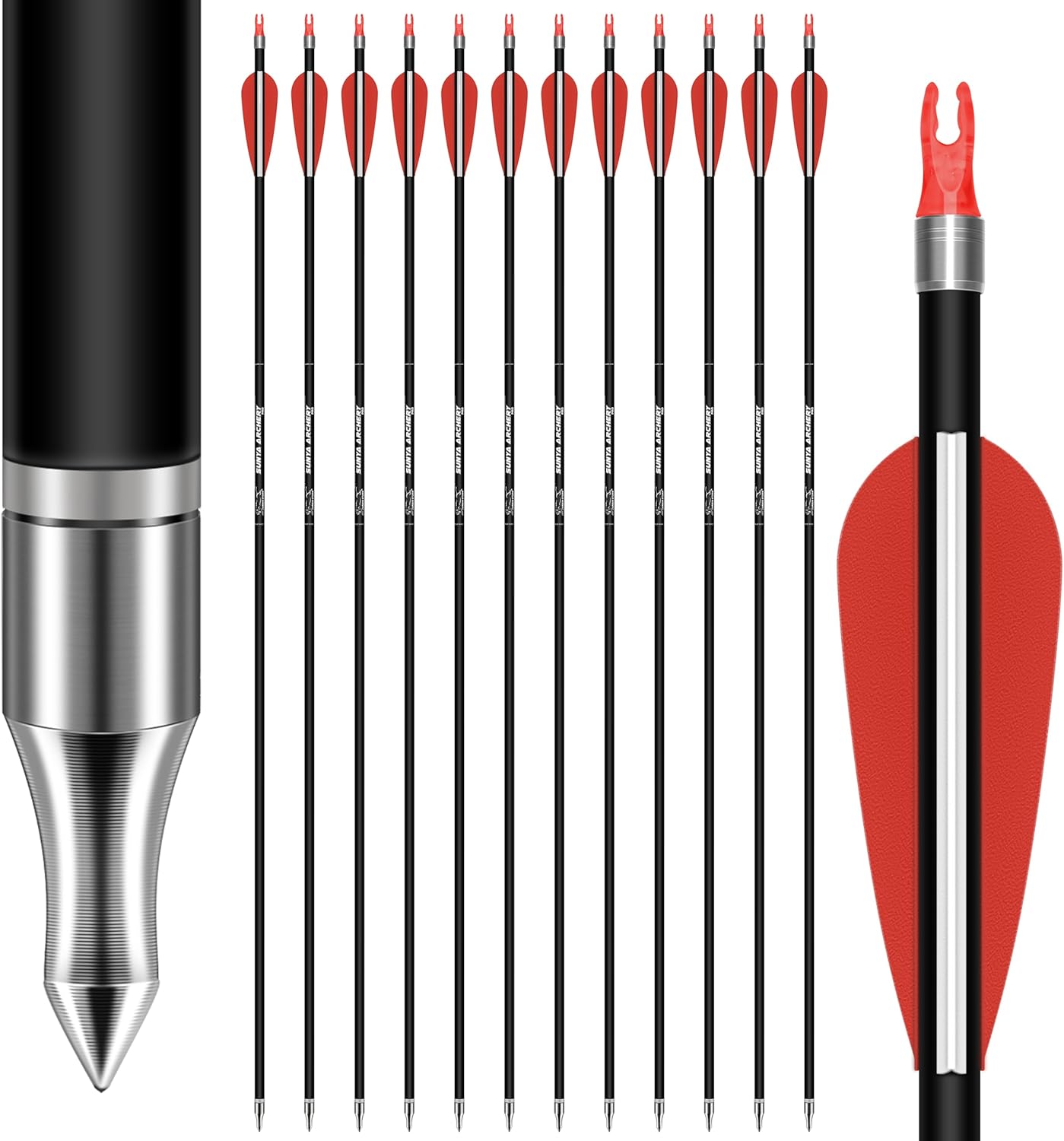 SUNYA 12-Pack 30 Inch Carbon Arrows Spine 500 or 400 for 40-60 LBS Bows｜Switch to Recurve/Compound Modes, Anti-Loose O-Ring & TPU Vanes for Hunting/Target Practice