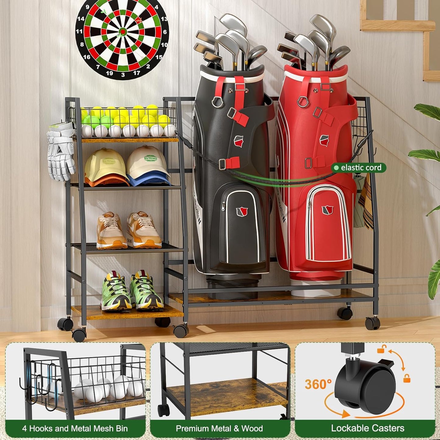 Golf Bag Storage Rack for Garage with Wheels, Organizer for 2 Golf Bag and Equipment Accessories, Golf Organizer Stand Ideal for Home, Garage, Club, Shed, Basement - Sturdy and Durable (Black)