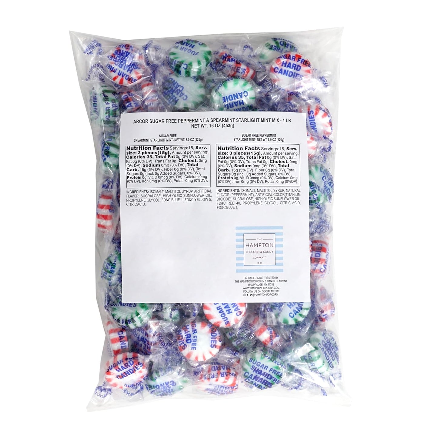 Arcor Sugar Free Peppermint and Spearmint Starlight Mints, 1 Pound Bulk Bag (Approx. 70 Pieces), Individually Wrapped Hard Candy, The Hampton Popcorn & Candy Company