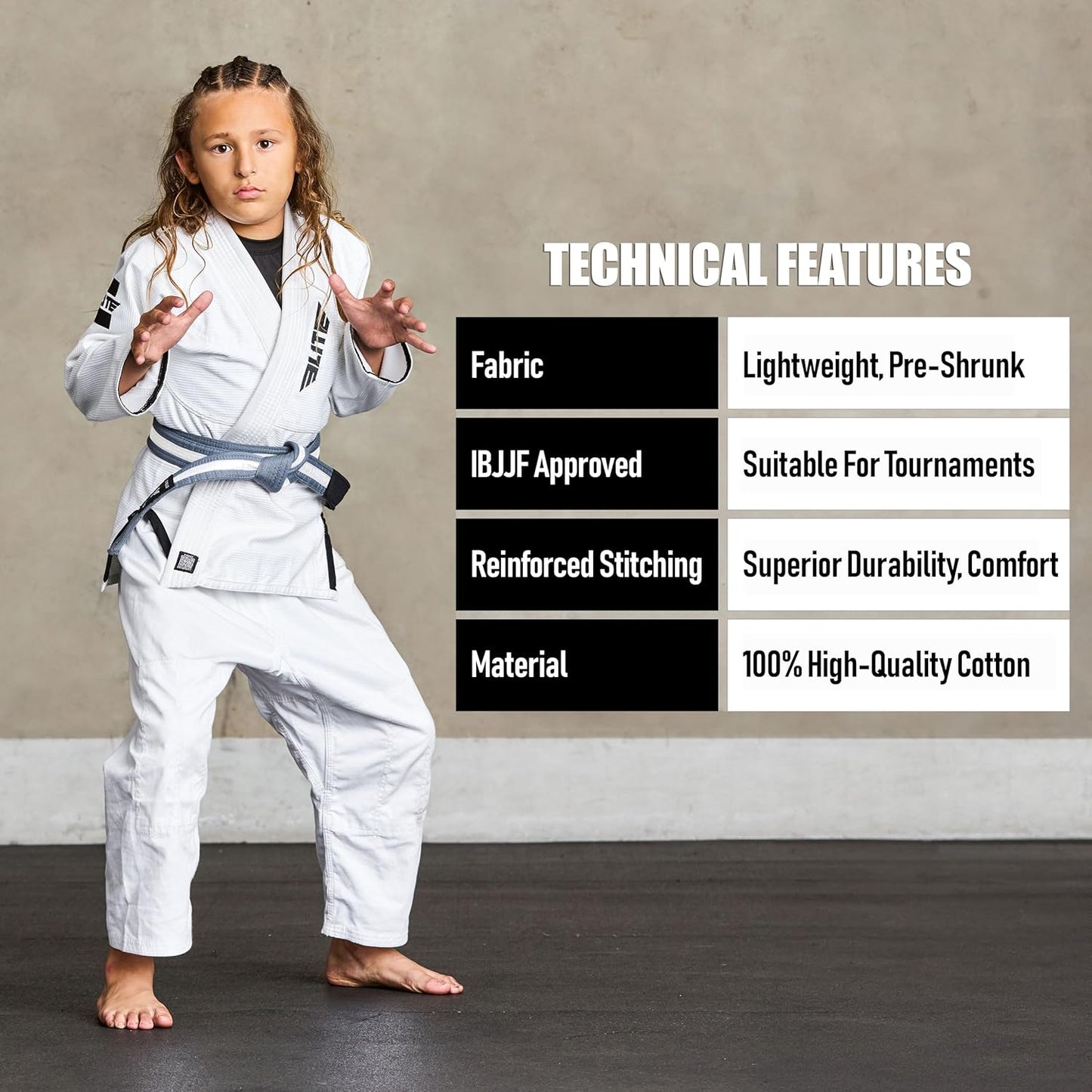 Elite Sports Kids Brazilian Jiu Jitsu Belts Preshurunk Martial Arts Youth BJJ Belts for Girls & Boys with BJJ Ranking Stripes