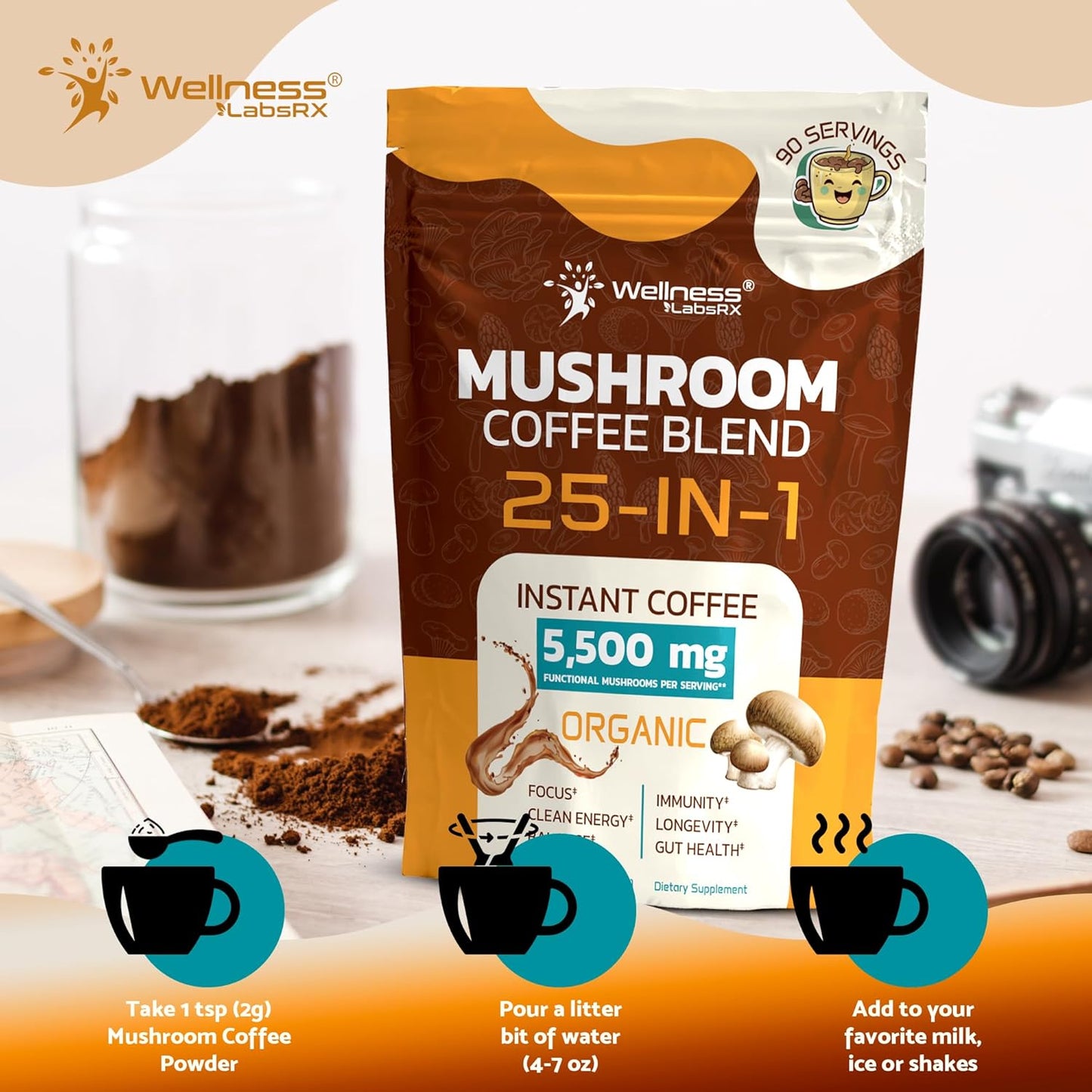 Mushroom Coffee Organic Instant Coffee, 25-in-1, Third-Party Tested Keto Friendly Lions Mane Supplement with Functional Mushrooms – Shiitake, Reishi, Lion’s Mane & More | Smooth, Rich Flavor - 90 Servings