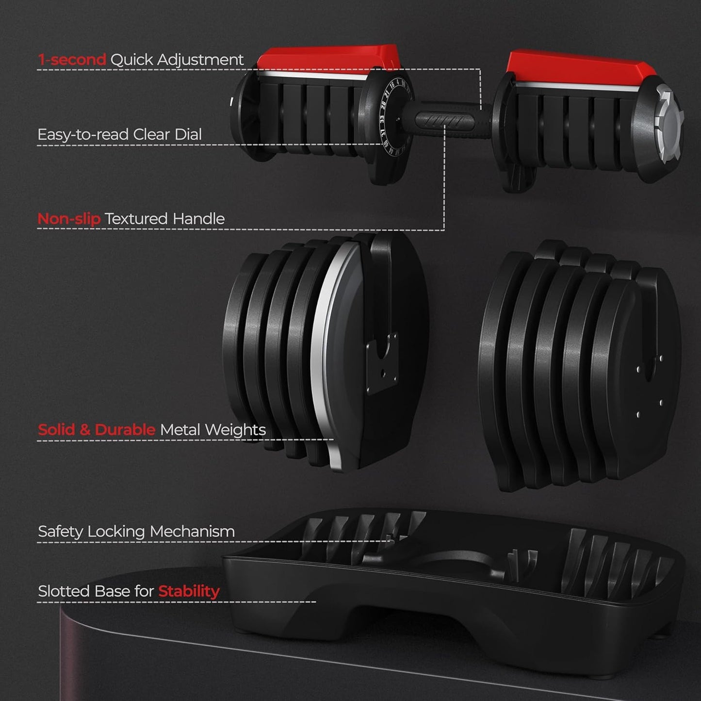 Yaheetech Adjustable Dumbbell Set 28/40/52.5/90LBS Adjustable Dumbbells Fast Adjust Dumbbell Weight Set with Anti-Slip Handle and Tray for Men/Women Home Gym Strength Training Equipment Single/Pair