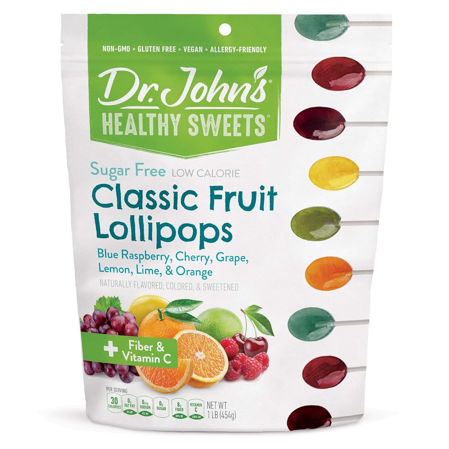 Dr. John’s Sugar Free Candy, Healthy Lollipops with Zero Sugar, Low Calorie Snacks, Keto Friendly Hard Candy Sweets, Classic Fruit, Oval, 60 Count, 1 LB