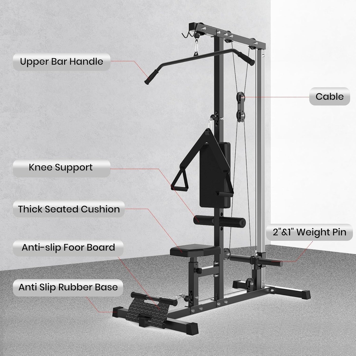 LAT Pulldown Machine, Multi-Functional Cable Machine with High and Low Pulley Station, Row Cable Machine Home Gym with Leg Support, Tricep Workout Equipment