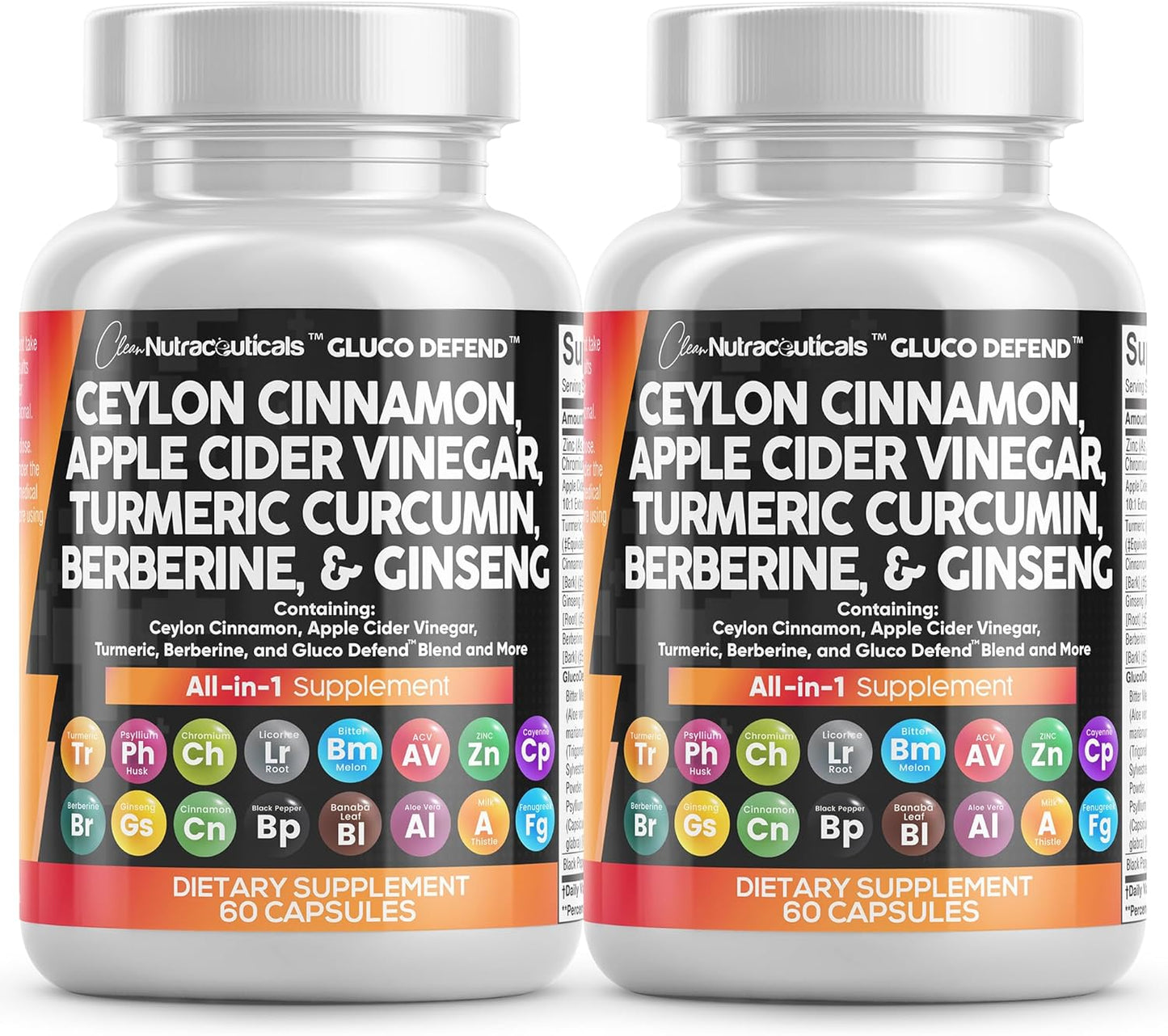 Clean Nutraceuticals Ceylon Cinnamon Turmeric Apple Cider Vinegar Ginseng Berberine Plus Bitter Melon Gymnema Milk Thistle Fenugreek - 2Pack