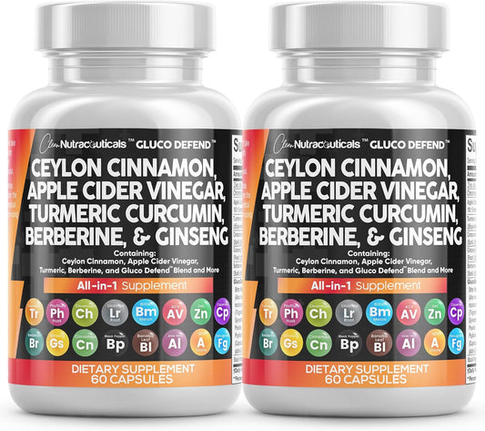 Clean Nutraceuticals Ceylon Cinnamon Turmeric Apple Cider Vinegar Ginseng Berberine Plus Bitter Melon Gymnema Milk Thistle Fenugreek - 2Pack