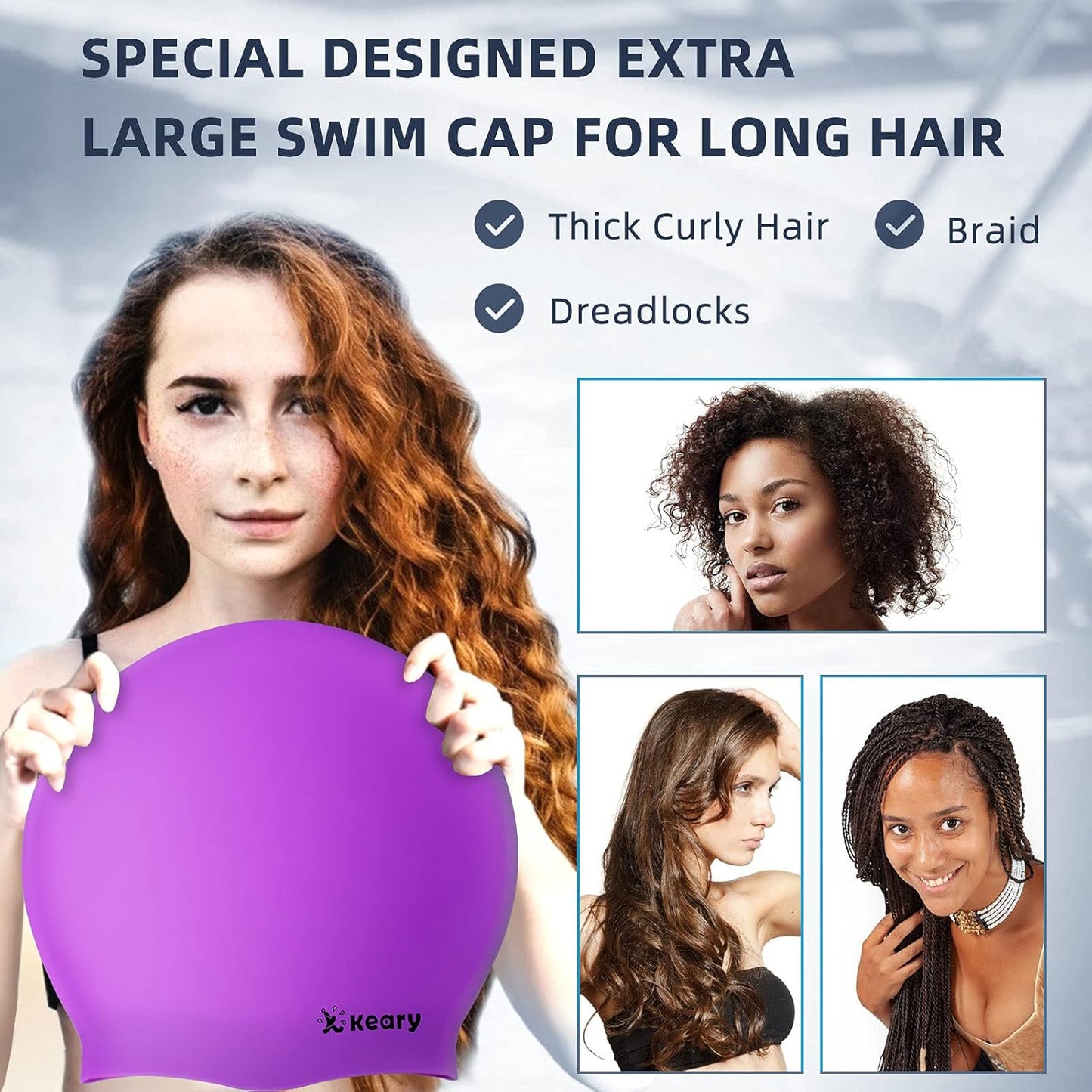 Keary Extra Large Swim Cap for Braids and Dreadlocks Extensions Weaves Long Hair, Waterproof Silicone Cover Ear Bath Pool Shower Swimming Cap for Adult Youth to Keep Hair Dry, Easy to Put On and Off