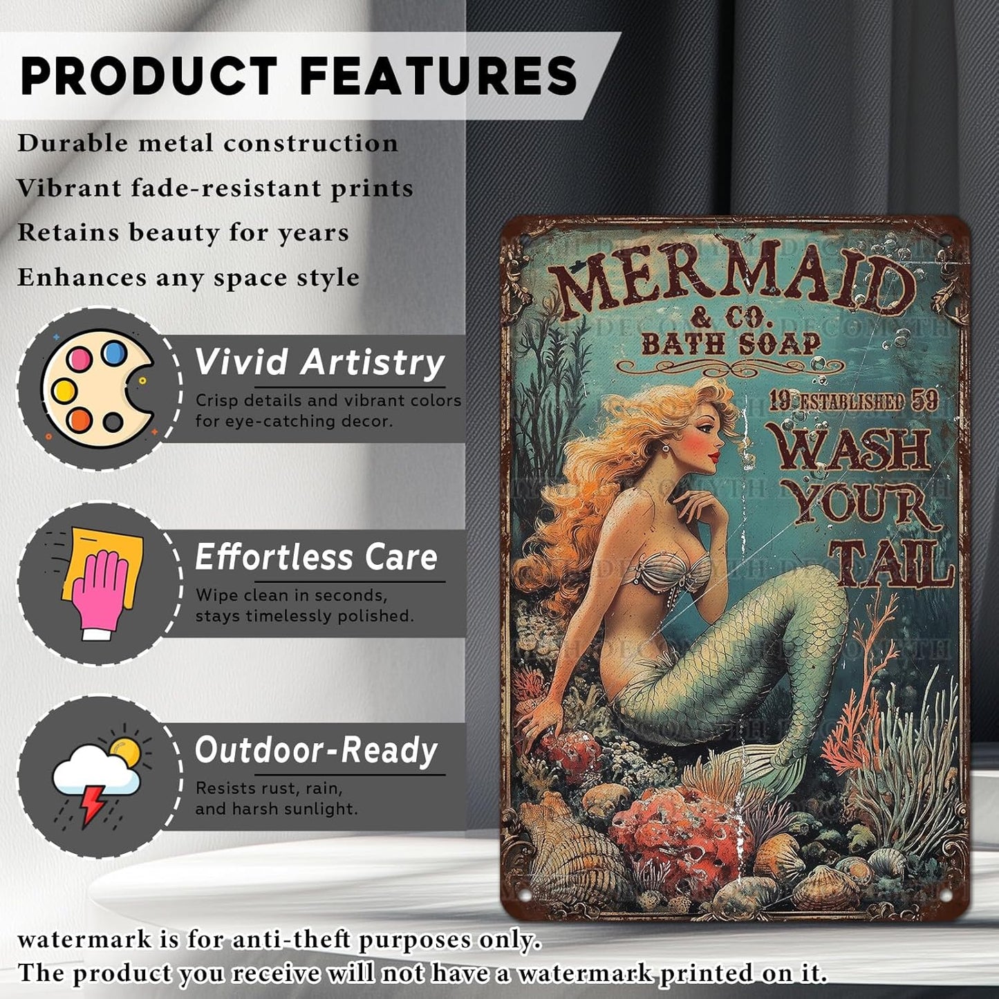 Retro Mermaid Tin Sign Wash Your Tail Vintage Metal Poster Funny Bath Soap Wall Art Toilet Bathroom Man Cave Bar Cafe Indoor Living Room Garage 12 * 8inch