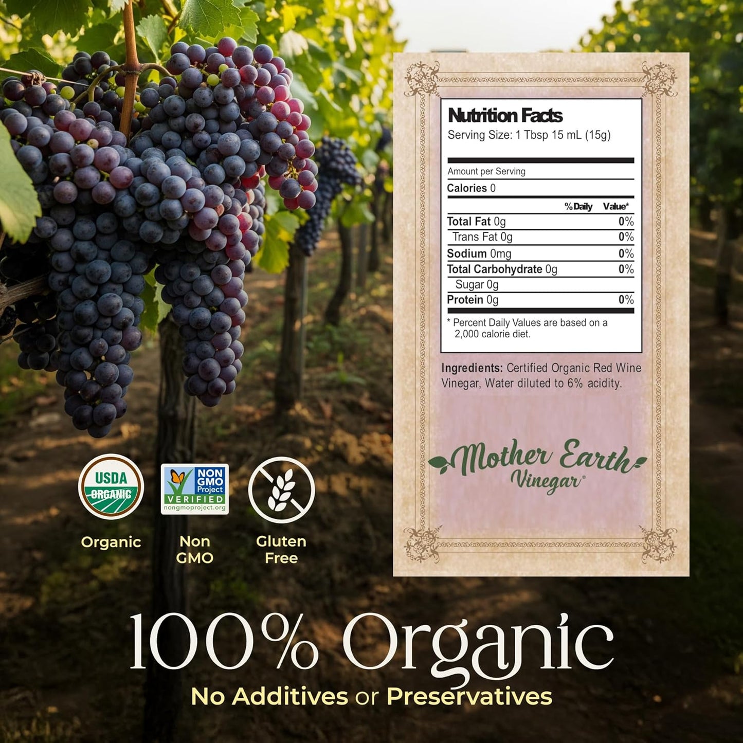 Mother Earth, Organic Red Wine Vinegar with The Mother, Fresh Pressed Organic Cabernet Grapes, ORWV, RWV, Raw, Unpasteurized, Unfiltered (1/64oz)