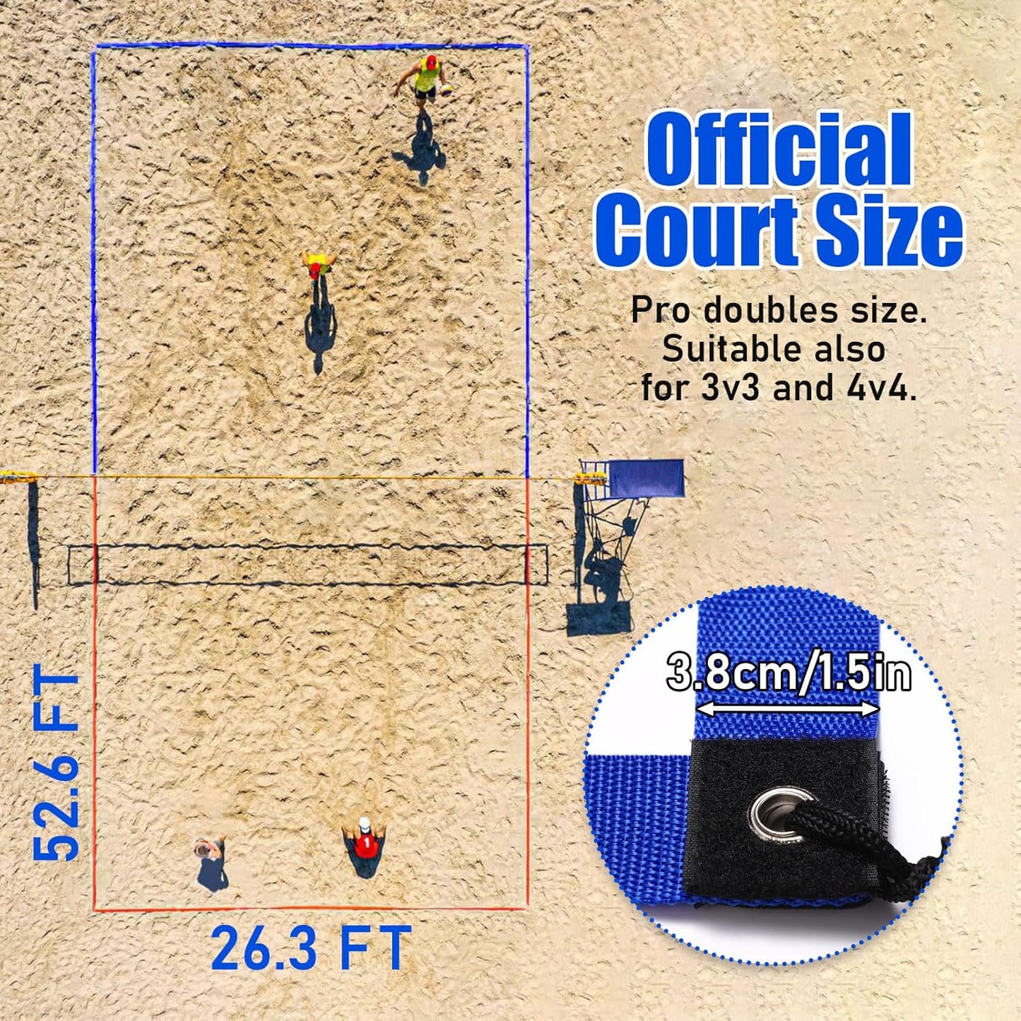 TOBWOLF 26.3' x 52.6' Beach Volleyball Lines, Volleyball Court Lines with Metal Anchors & SandBags,Highly Visible Marking Sand Lines with Metal Anchors & SandBags for Sand Outdoor Grass Backyard