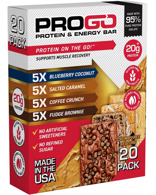 ProGo Protein Bars, Low Sugar, High Protein Snacks (Up to 22g) - 95% Pure Isolate for Faster Muscle Growth & Recovery, Low Calorie, Sweetened w/Peanut Butter & Honey (20-Count, Variety Pack)