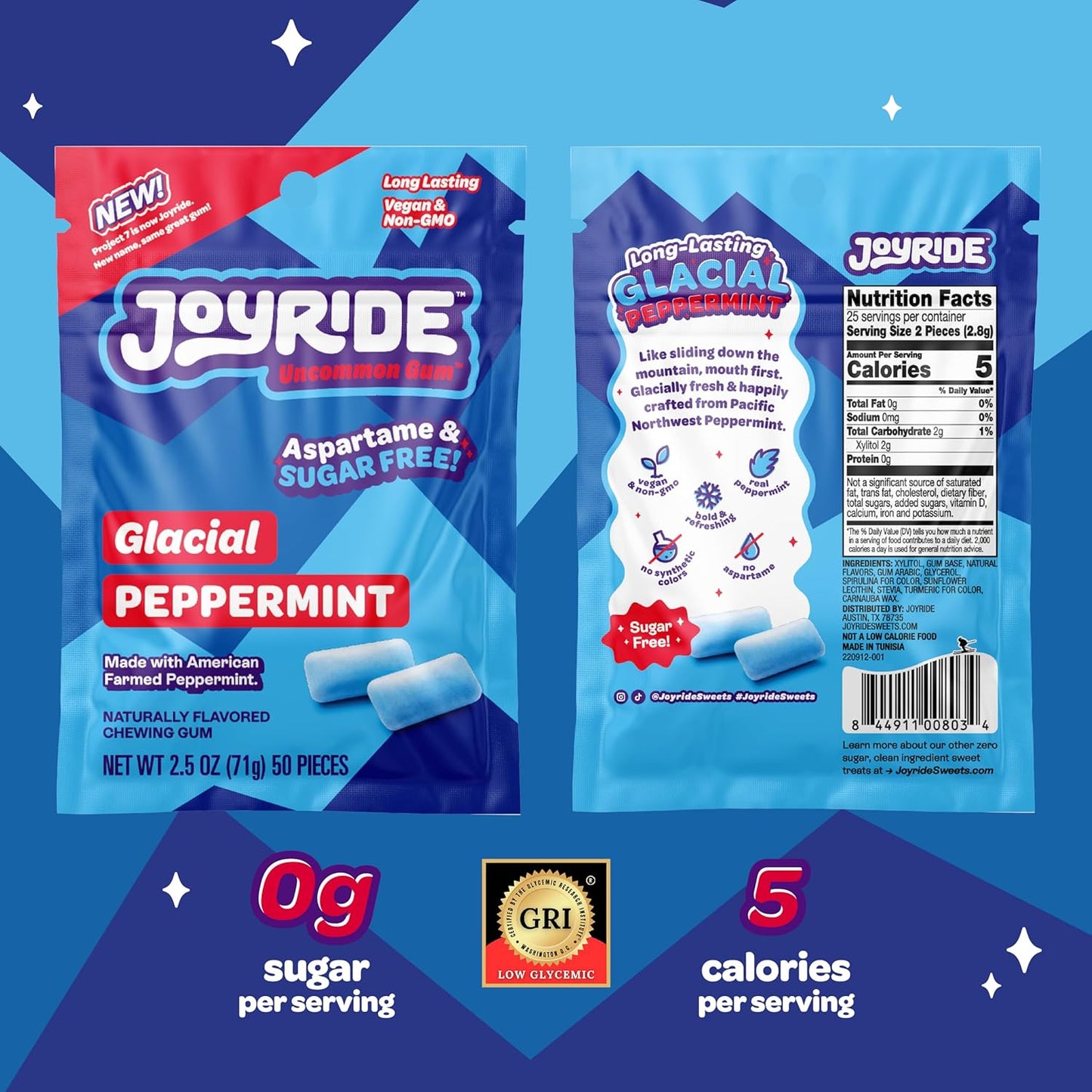 JOYRIDE Gummy Busters - 3.5 oz 6-Pack Bundle with 2.5oz Glacial Peppermint Gum, Low Sugar, Low Calorie Snacks, Dye Free Candy (7 Items)