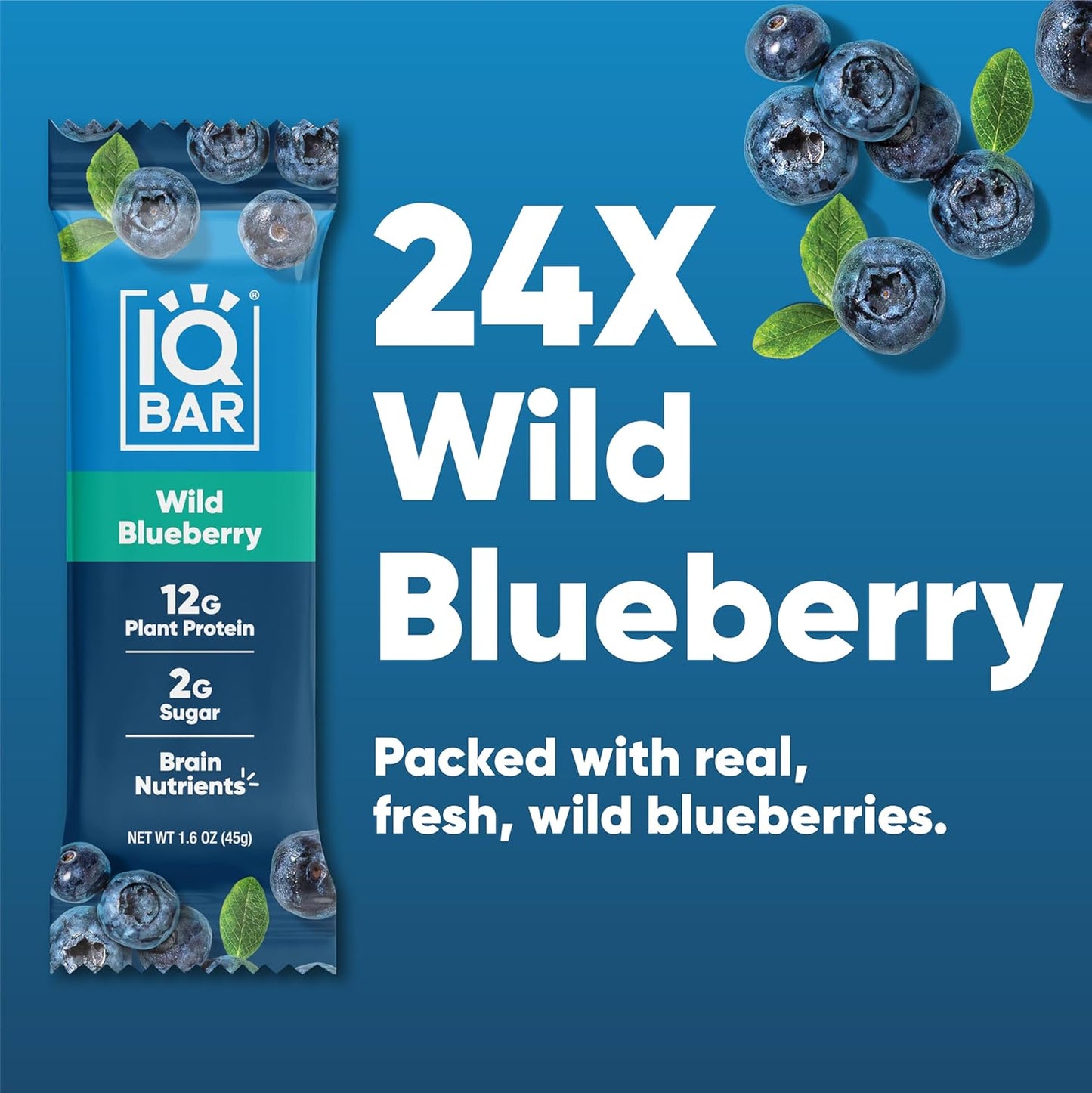 IQBAR Brain and Body Plant Protein Bars - Wild Blueberry - 24-Count Low Carb - Gluten Free, High Fiber, Vegan Snacks - Low Sugar Meal Replacement