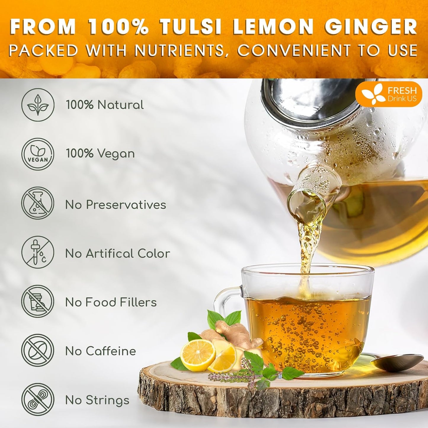 FreshDrinkUS, Premium 135 Tulsi Lemon Ginger Tea Bags, 100% Natural & Pure from Tulsi Holy Basil Leaves, Lemon and Ginger. Made with Natural Material Tea Bags. No Sugar, No Caffeine, Vegan.