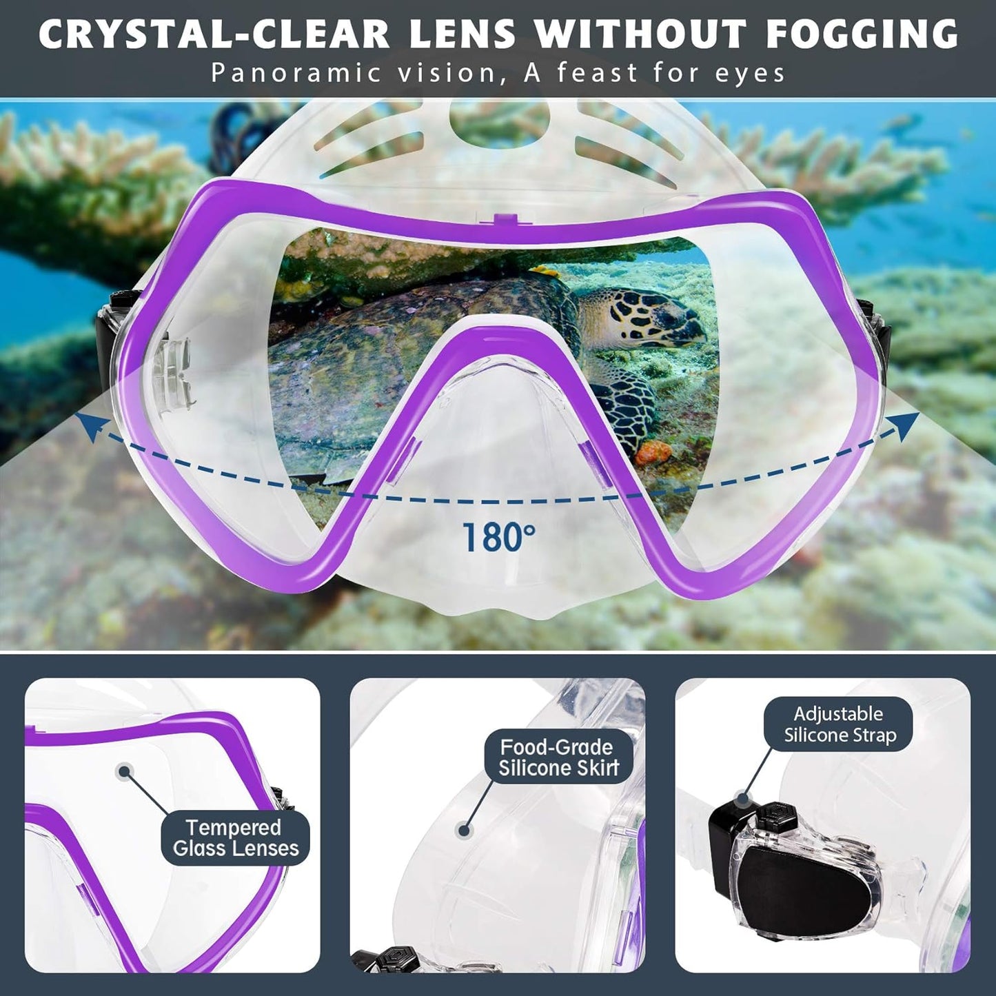 ZEEPORTE Mask Fin Snorkel Set, Travel Size Snorkeling Gear for Adults with Panoramic View Anti-Fog Mask, Trek Fins, Dry Top Snorkel and Gear Bag for Swimming Training, Snorkeling Kit Diving Packages