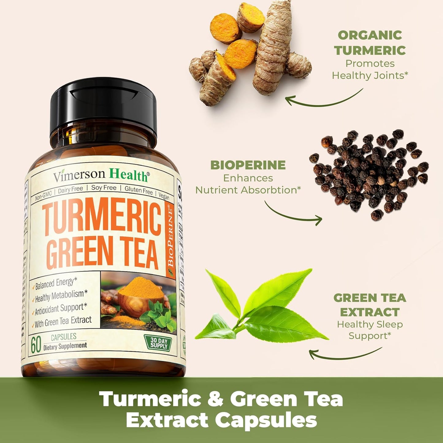 Turmeric Supplement & Green Tea Extract Capsules. Green Tea Supplement with Organic Turmeric Curcumin with Black Pepper & Vitamin C for Joint Health, Antioxidant Support & Healthy Metabolism. 2 Pack