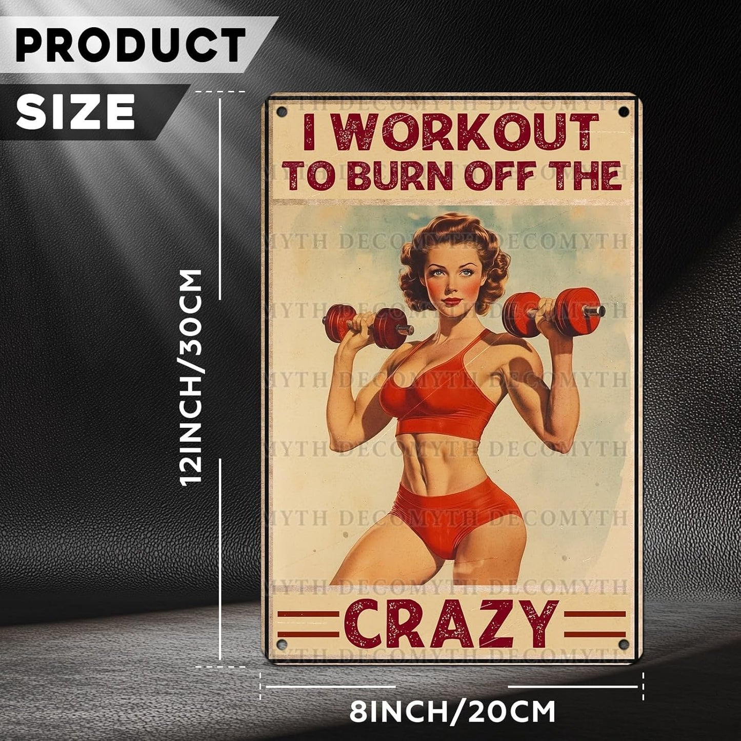 Vintage Girl Gym Tin Sign I Workout to Burn off The Crazy Retro Fitness Wall Decor Nostalgic Art Funny Workout Room Inspirational Metal Poster Store Cafe Pubs Bedroom Bathroom 12 * 8inch