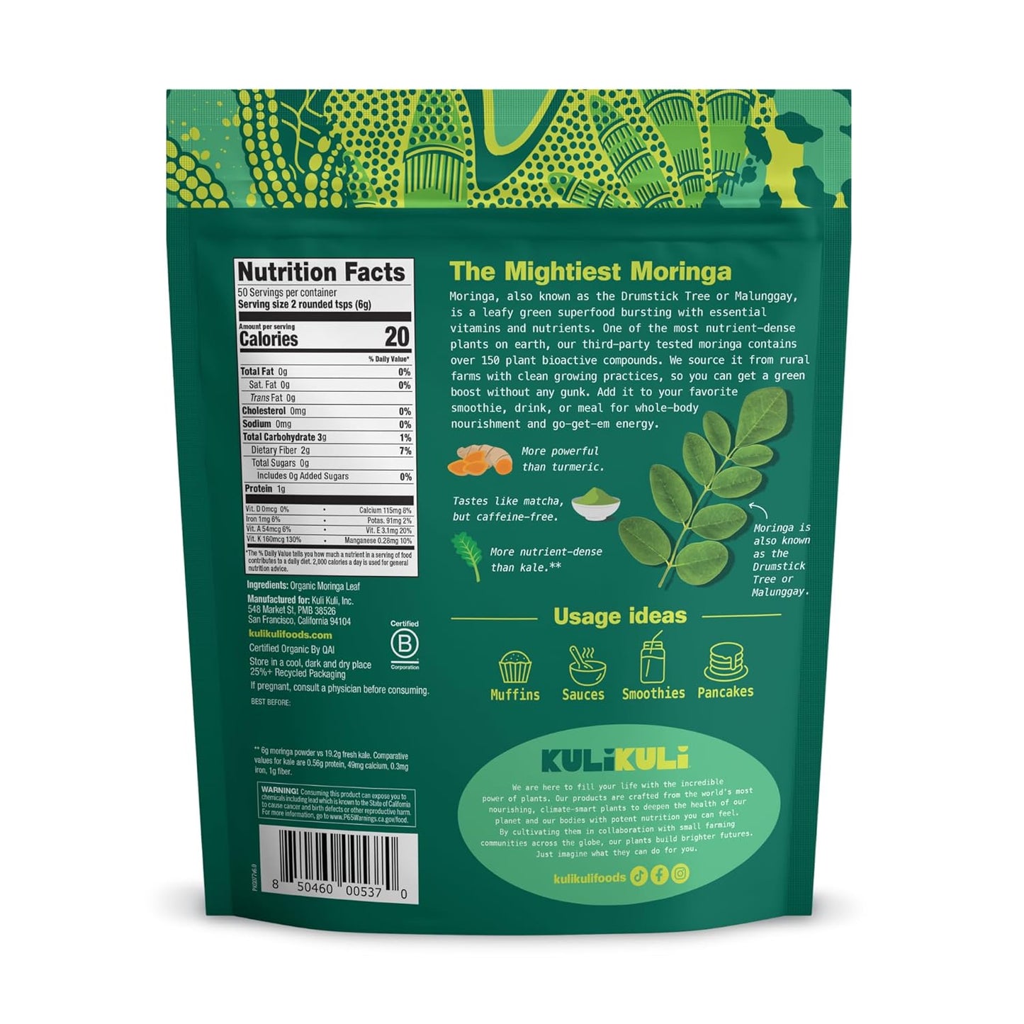 Kuli Kuli Moringa Oleifera Organic Leaf Powder & Green Smoothie, 100% Pure USDA Certified & Non-GMO Moringa Powder, Great with Smoothies, Tea, and Food - Single Pack, 10.6 oz