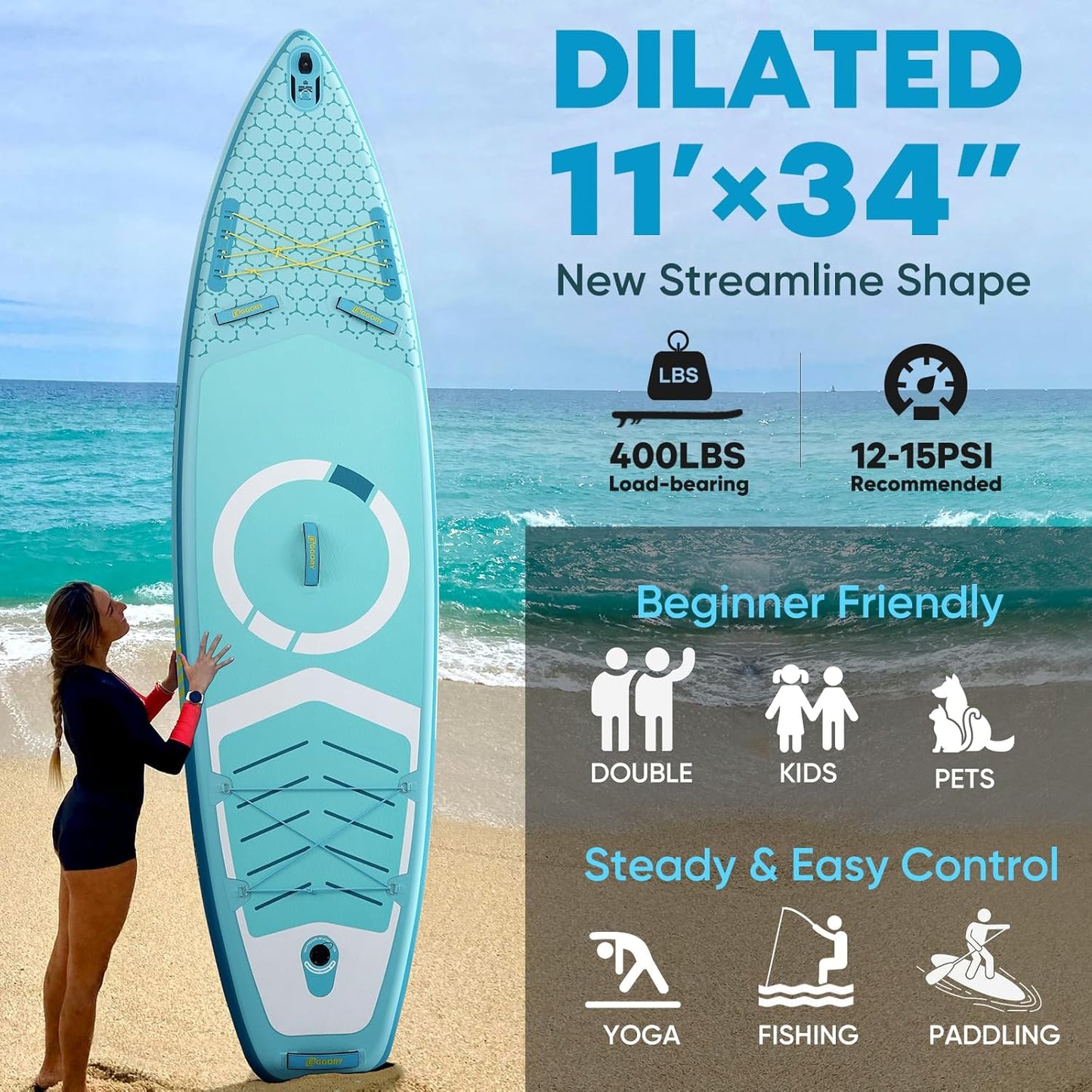 Inflatable Paddle Board,Stand Up Paddle Board Set, Extra Wide SUP Board with Removable Fin, Floating Paddle, Hand Pump, Waterproof Phone Pouch,Traveling Board