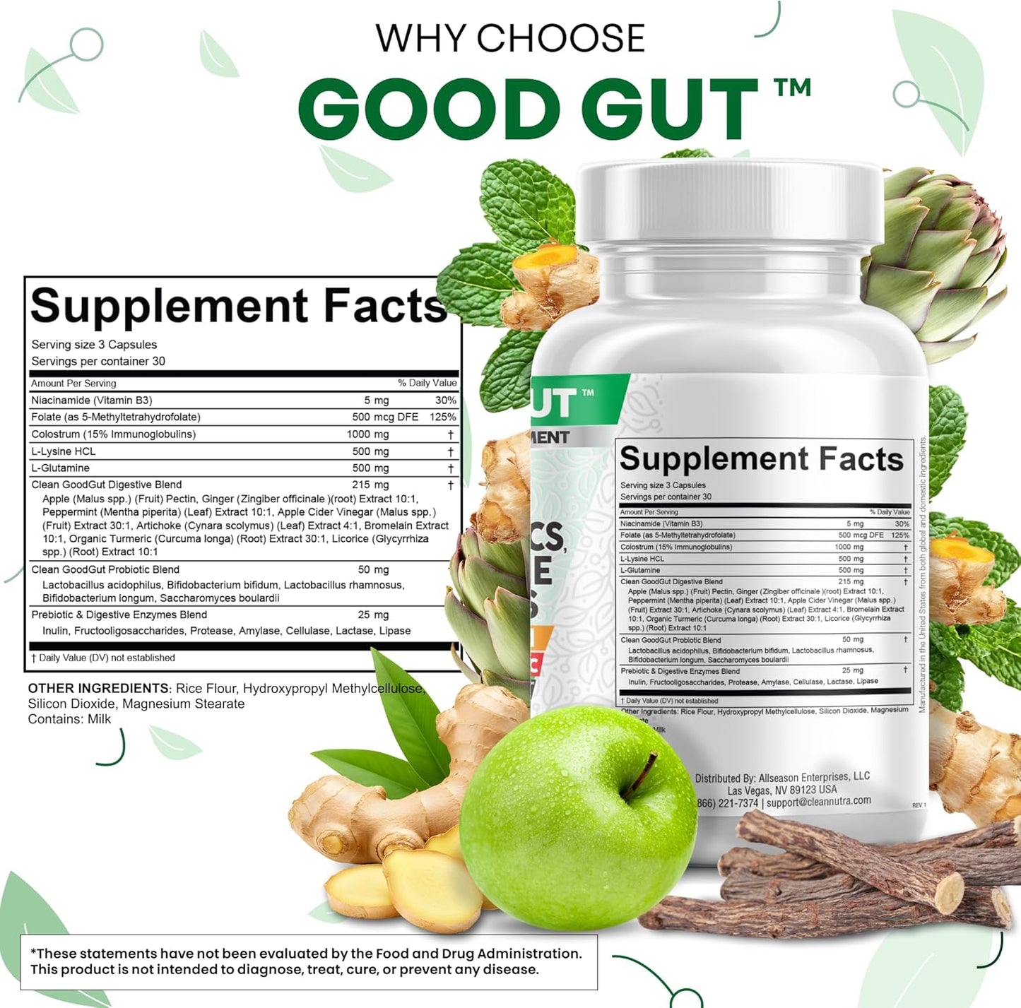 Clean Nutraceuticals Colostrum Supplement Capsules Probiotics Pills Prebiotics, L-Glutamine, Digestive Enzymes, Folate, Fiber, ACV, Turmeric, Apple Pectin and Turmeric Good Gut