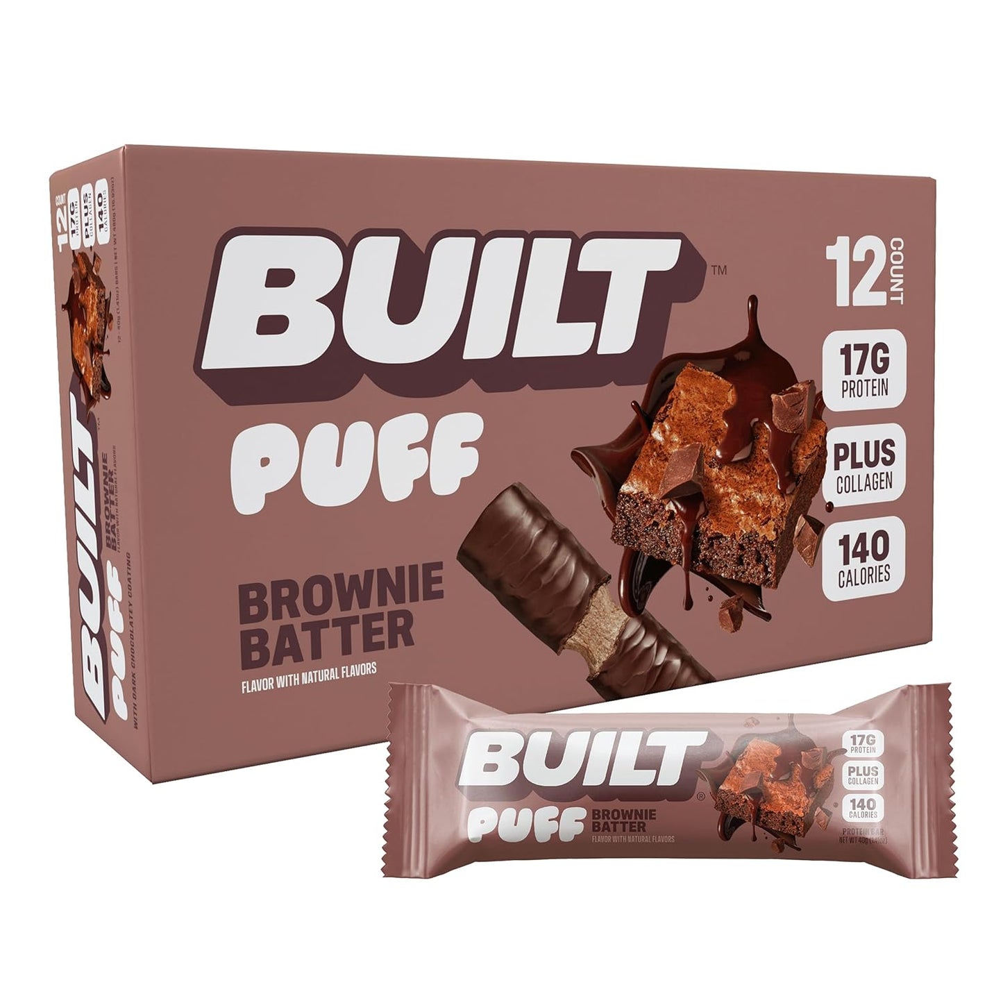 Built Bar, Puff Protein Bars, Brownie Batter Puff, 17g Protein Snacks, On-The-Go Bars, Only 140 Calories, 6g Sugar, Collagen, Gluten Free, 12 Count